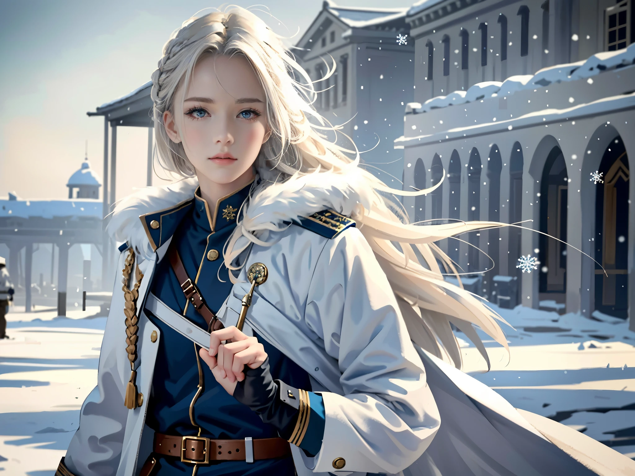 (highest resolution, distinct_image) Best quality, single person, one girl, solo, masterpiece, highly detailed, semi realistic, braided white blond hair, bangs, 18 years old, light blue military uniform, military uniform, depth of field, outdoor background, falling snowflakes. gentle, authoritative, powerful, exquisite facial features, fur trimmed jacket