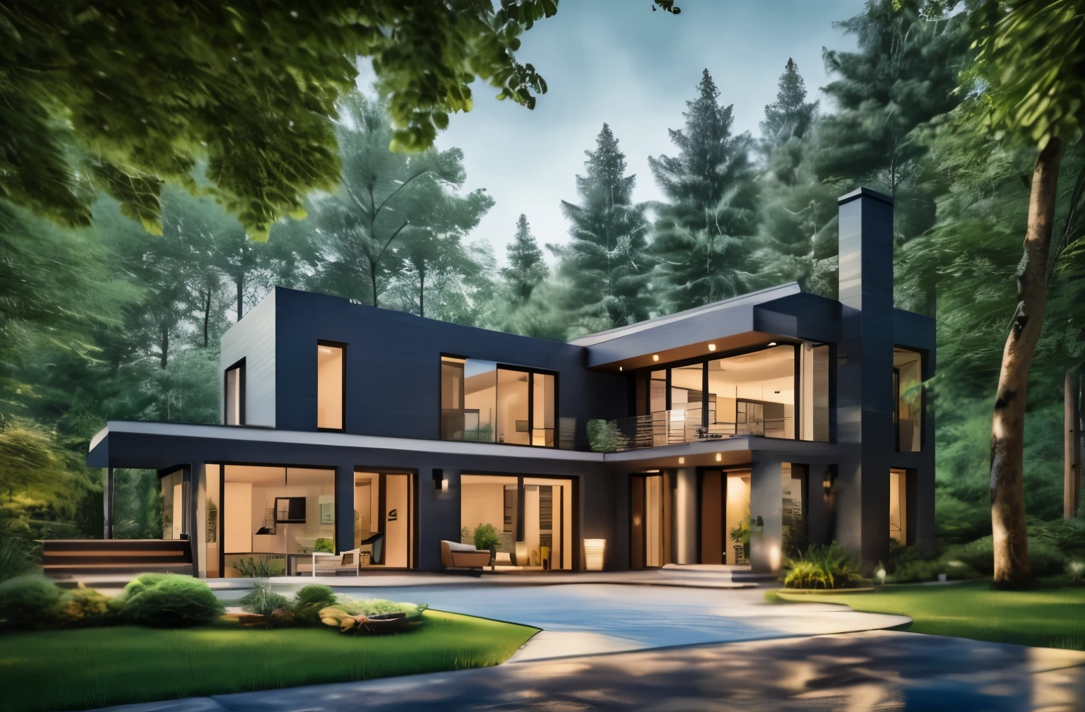 A house with modern style, fresh colors, located in the forest, bright space