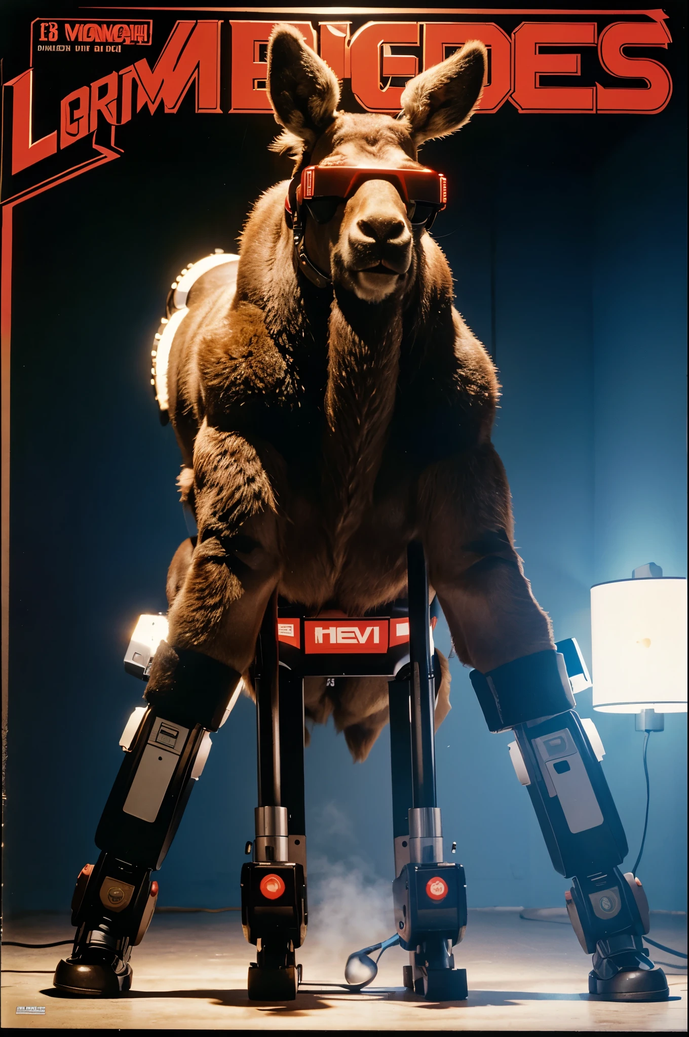 Joe Camel advertisement from the 1980s featuring a moose wearing a virtual reality goggles with a Sega light gun piloting a giant Japanese robot