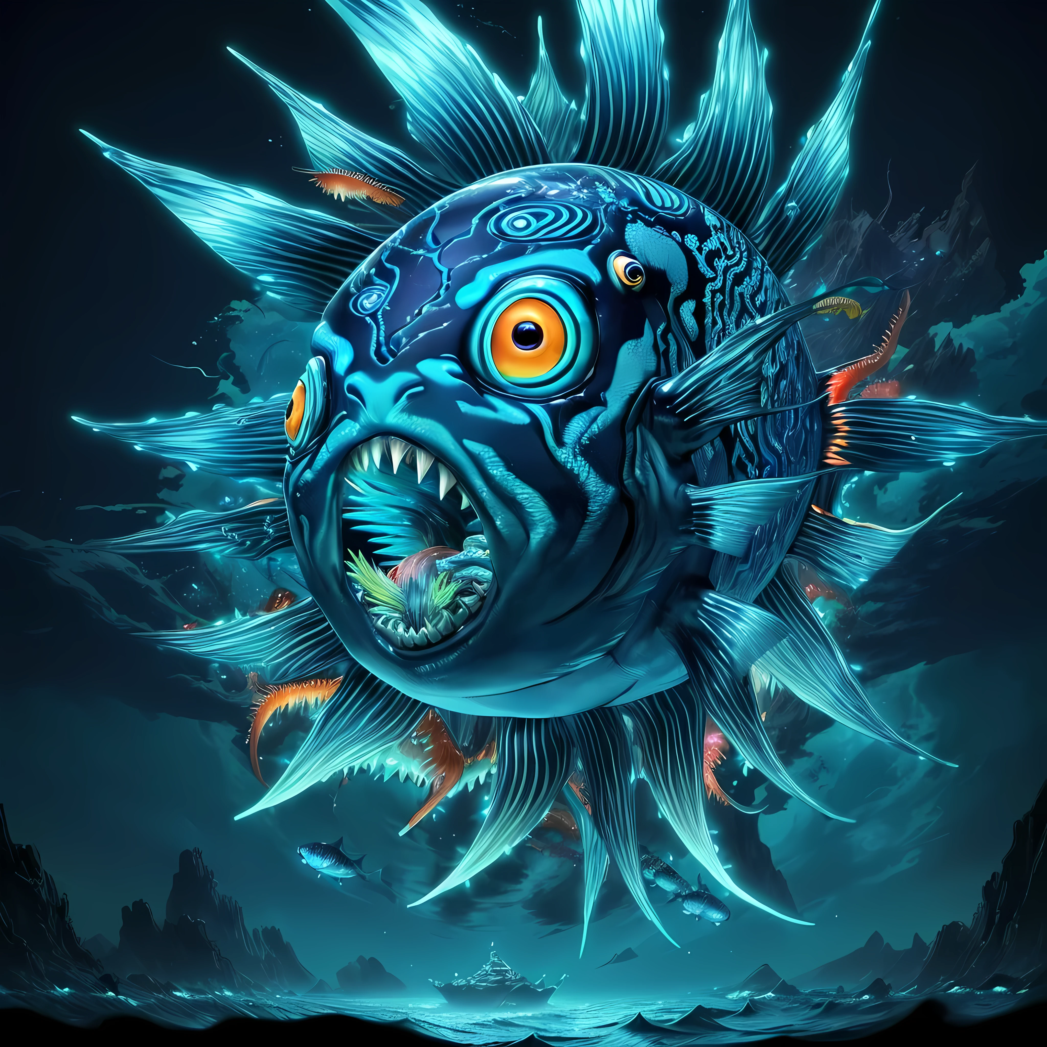 Masterpiece in maximum 16K resolution, with an anime style emphasizing a dynamic 3D perspective. | A close-up front view of a (giant mesmerizing bioluminescent horrific fish). | The fish has (vibrant and exotic patterns), and sharp teeth. | Amidst a mysterious very dark ocean. | More_Detail