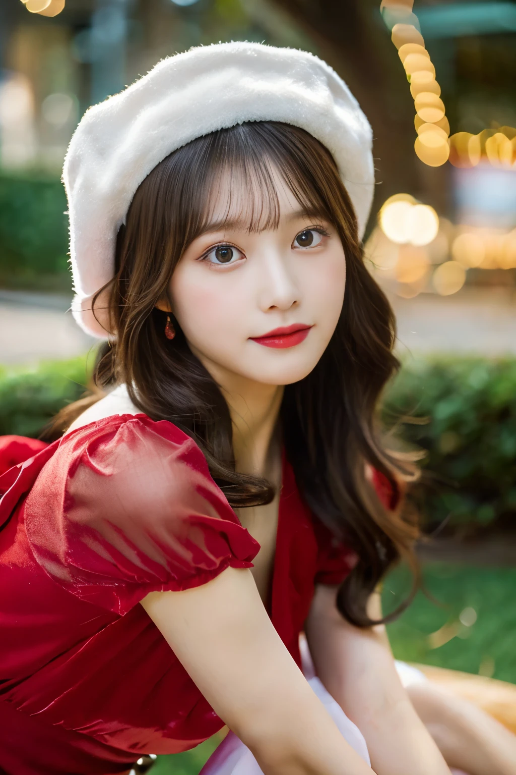 (top-quality,8K,​masterpiece),Alafi statue of a woman in Santa costume sitting on a chair,Gorgeous Japan model,Beautiful young Japan woman,(A detailed eye,Detailed skin,Detailed lips,lipgloss), Christmasの夜, Colossal tits, Emphasizes cleavage,Hot, hazy, 💋 💄 👠 👗,, Red dress, sexy red dress, high quality costume, Christmas, Red dress and hat,