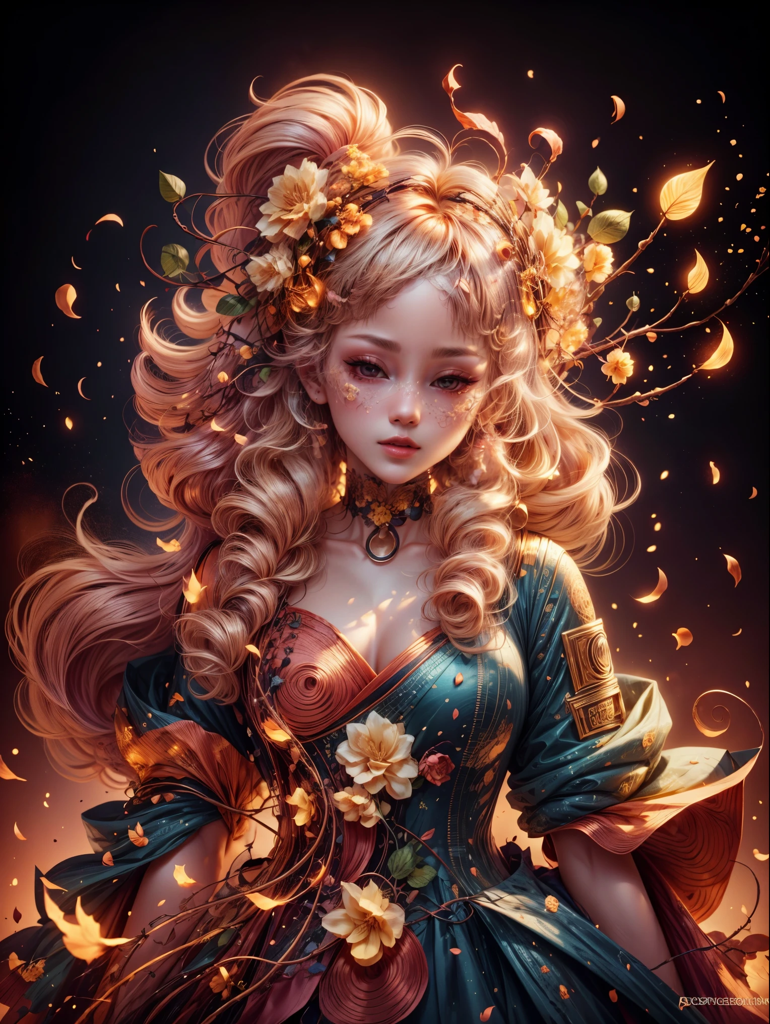 Best quality at best, tmasterpiece, A high resolution, 1个Giant Breast Girl,Chinese dress,hair adornments,choker necklace, jewely,pretty face,above_body, dingdall effect,realisticlying, dark studio, edge lit, two color lights,(highdetailskin:1.2), 8K uhd, SLR camera, gentlesoftlighting, high qulity, Volumetriclighting, Frankness, photore, A high resolution, 4K, 8K, bokeh, Blonde hair