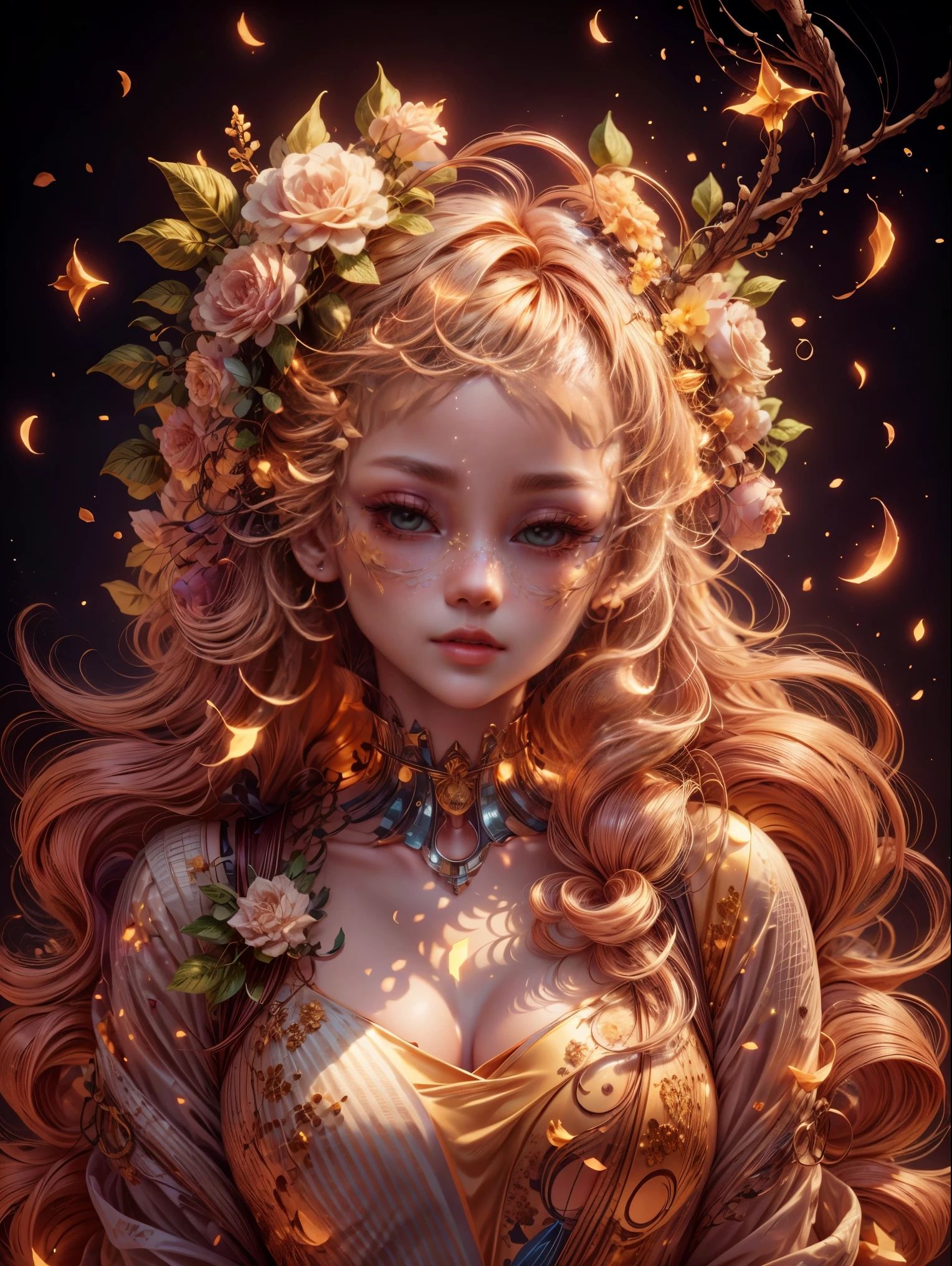 Best quality at best, tmasterpiece, A high resolution, 1个Giant Breast Girl,Chinese dress,hair adornments,choker necklace, jewely,pretty face,above_body, dingdall effect,realisticlying, dark studio, edge lit, two color lights,(highdetailskin:1.2), 8K uhd, SLR camera, gentlesoftlighting, high qulity, Volumetriclighting, Frankness, photore, A high resolution, 4K, 8K, bokeh, Blonde hair