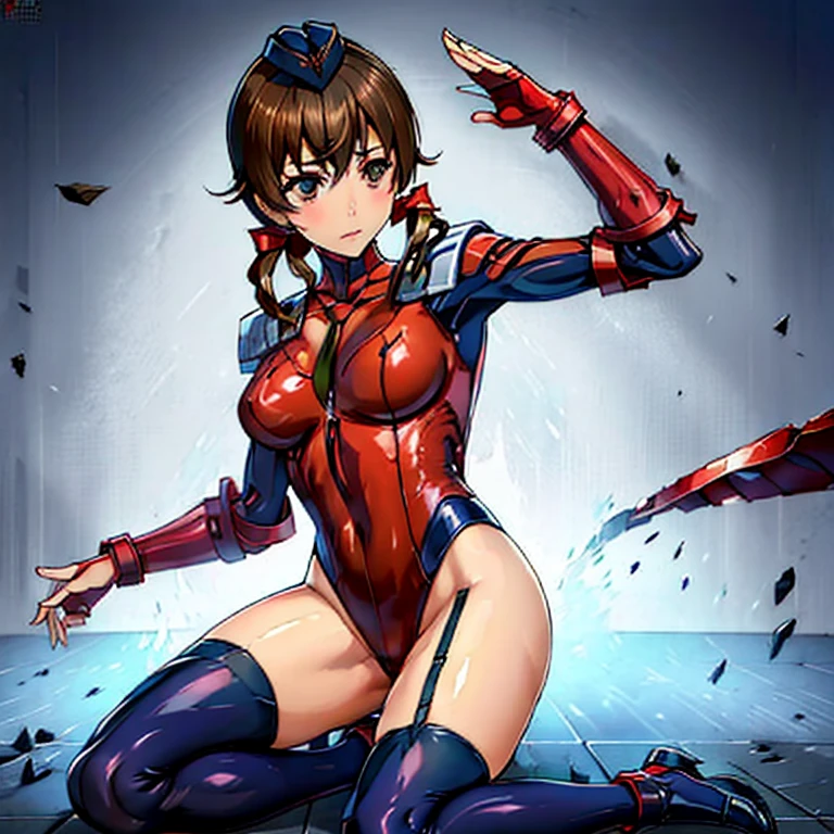 ultra-detailed, Explicit, Beautiful body, Beautiful Nose, Beautiful character design, perfect eyes, perfect face, ultra highres, 4K, beautiful legs, perfect legs, Nice hands, Perfect hand, Masterpiece, Best Quality, Highly detailed, illustration, absurdres, street fighter, doll suit, shadaloo doll, dollsuit, 1girl, Solo, expressionless, blank eyes, looking at viewer, red gloves, emotionless, black latex, corrution, mind control, female combatant, full body, hypnotized, unhappy trance, full body suit, ribbed bodysuit, both arms at side, stand up straight, obey, perfect female body, extremely glossy latex, hypnosis, hypnoLora, empty eyes, Mind control device, poses, brainwashed, submissive_pose, Slave, hat, necktie, Kneeling, Kneeling at attention, Squating, belt, spread legs, latex, garter belt, thighhighs, garter belt, Fighting Stance, Menjou Hare, Guilty Crown, brown hair, low twin tails, amber eyes, CammyAlt2, peaked cap, red leotard, navy blue tights, extending the right arm from the shoulder into the air with a straightened hand, nazi saluting, military, military saluting, salute,