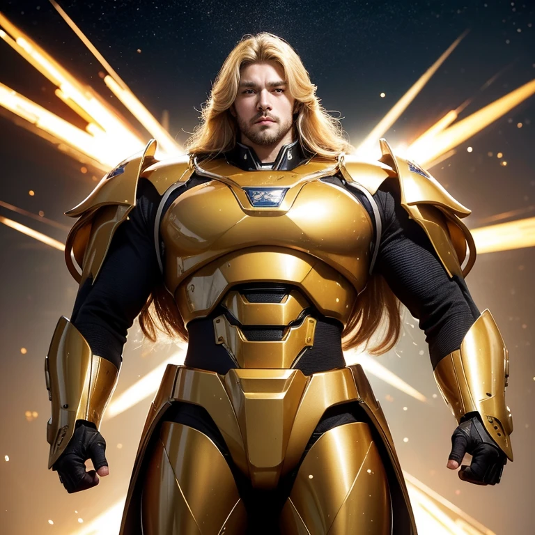 science fiction characters,Golden mecha suit,burly build,European looks,Staced 25-year-old handsome man with long blond hair,golden lion mecha elements