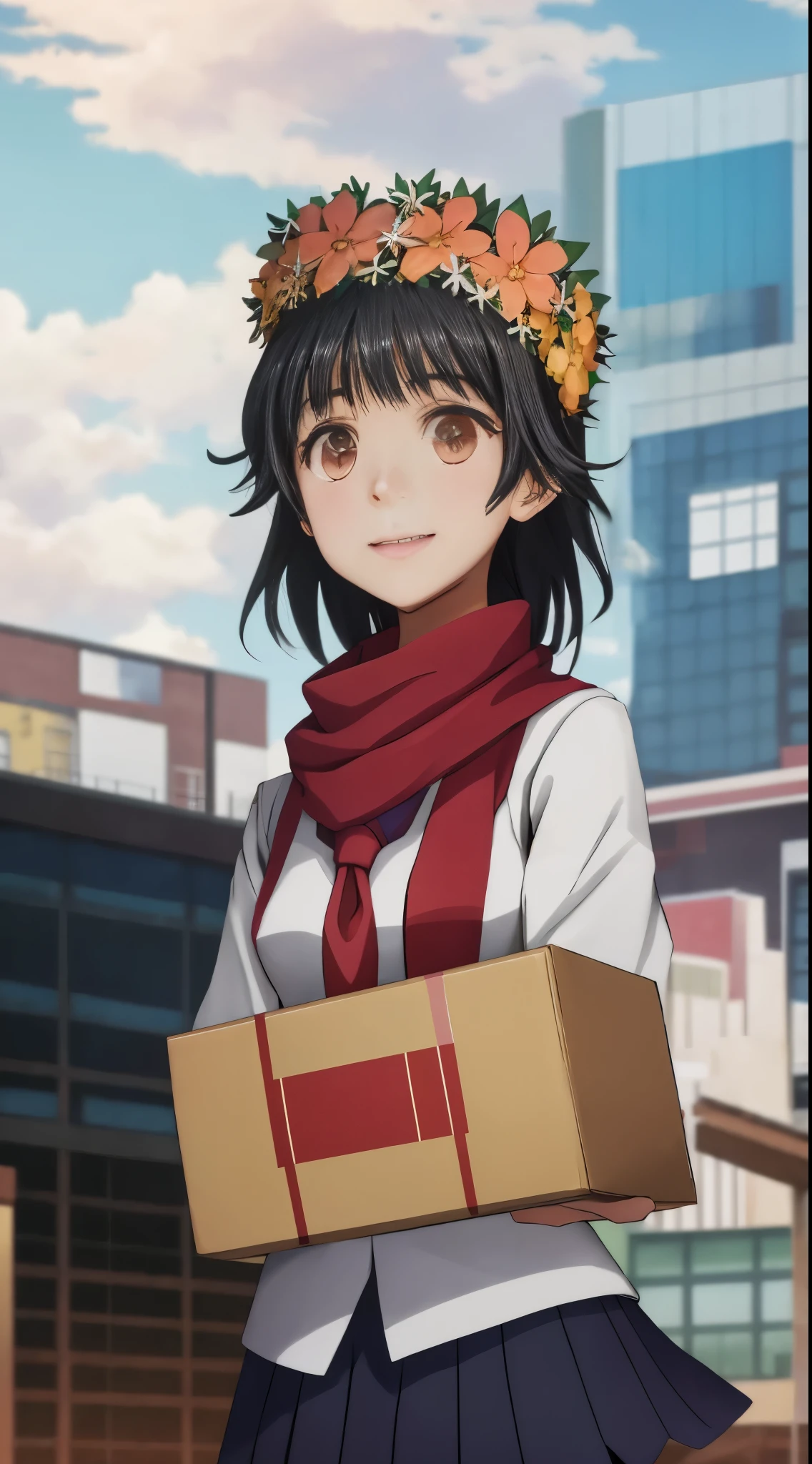 anime girl in uniform holding a box with flowers in her hair, nagatoro, anime visual of a cute girl, iwakura lain, close up iwakura lain, anime moe artstyle, anime best girl, tsubasa nakai's style, still from tv anime, shuushuu anime image, today's featured anime still, as an anime character,Uiharu Kazari,有着with short black hair和淡褐色眼瞳的少女，Although her eyebrows are relatively thick, the flowers on her head are her most striking feature。****-shaped girls usually wear school uniforms in early spring，Wearing a red scarf matching the school uniform on her chest,with short black hair