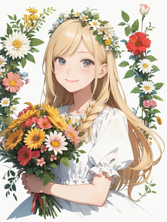 (finely best quality illustration:1.2), (Kawaii Girl:1.0), (1girl in, Solo:1.0), (Blonde long hair:1.0), (Smile:1.1), (Holding a bouquet:1.0), (Upper body:1.0), (Flower Garden, Floral background:1.0), (Ultra-detailed, hight resolution:1.0),