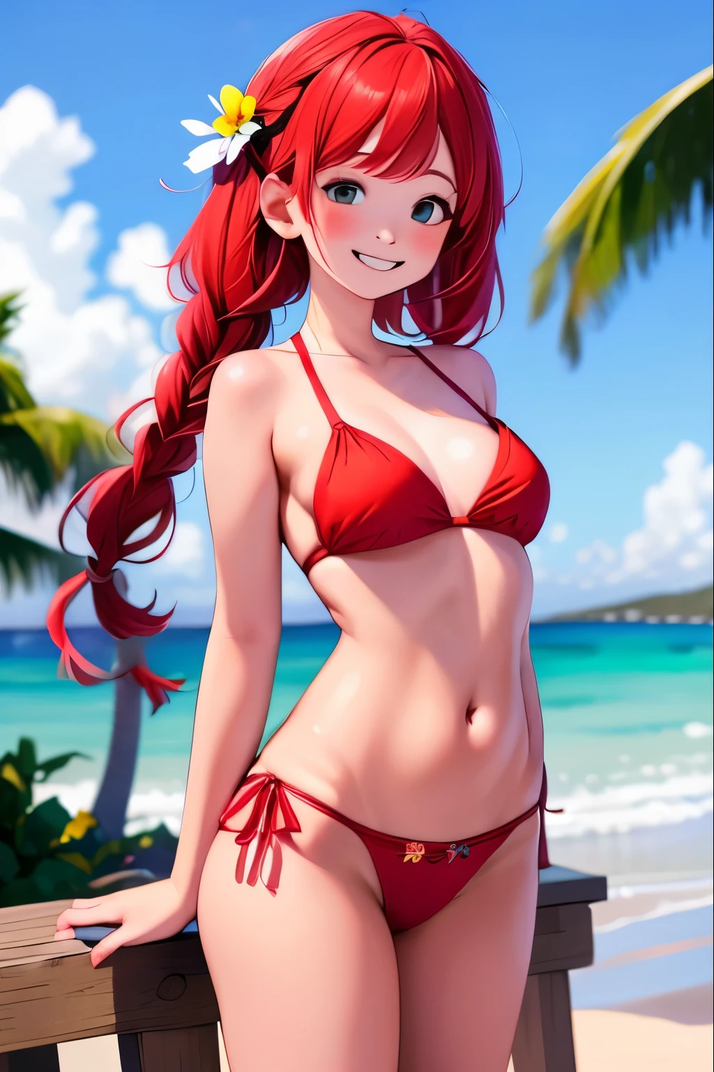 one girls、parfect anatomy、small tits、A dark-haired、Braided pigtails、Smiling、Realistic people、ultra-detailliert、Red bikini、Floral hair ornament、Blurred background、South Island、Palm trees、White sandy beach、Blue Sea、blue open sky、white clouds、cumulonimbus clouds