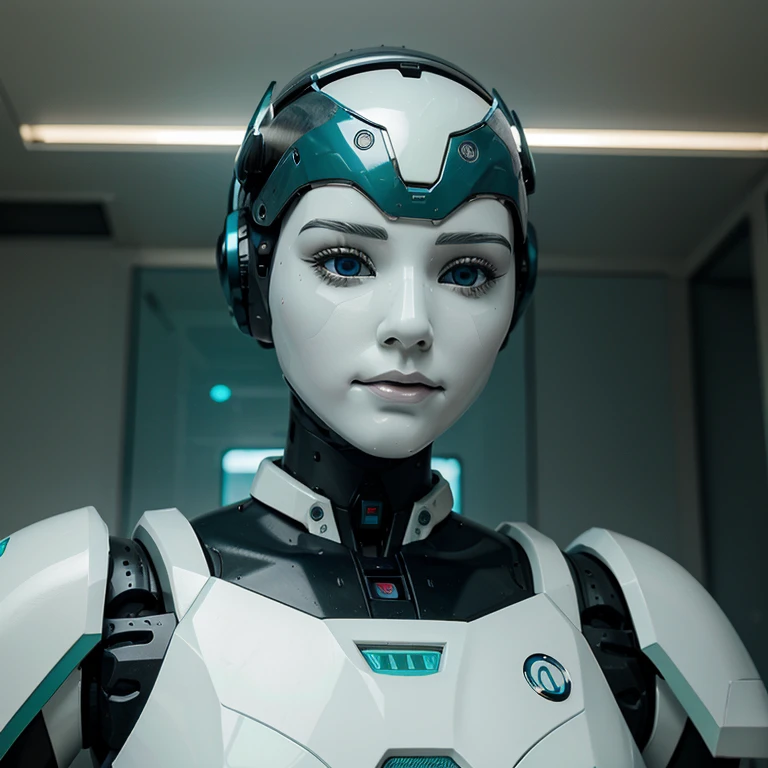 Create a realistic artificial intelligence robot in white with aqua green details, com um fundo futurista, with a friendly look