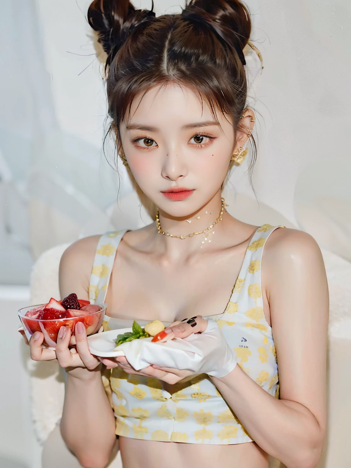 there is a girl holding a plate of fruit and a piece of cake, Blackpink Jennie, Taejune Kim, Jinyoung Shin, Lalisa Manobal, Heonhwa Choe, Jaeyeon Nam, Parque Ji-min, Yanjun Chengt, Seseon Yoon, Gongbi, Minchen Shen, ulzzang, por Ayami Kojima