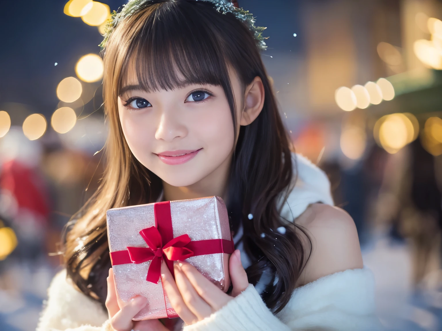 christmas eve girl,Beautiful detailed eyes,Beautiful detailed lips,extremely detailed eye and face,long eyelashes,Christmas themed clothing and accessories,Cute smile,Enjoy the festival atmosphere,Comes with a beautifully wrapped gift box,outdoor snow scene,soft vibrant colors,Warm and cozy lighting,Portraits,Snowflakes falling in the background,delicate snow details,Twinkling lights,There was joy and excitement in her eyes......,zora々Innocence,High Quality Illustrations(4K,hight resolution,masutepiece:1.2),dreamy ambiance、12 year old girl、a baby face、childish、off shoulders、A smile、backs