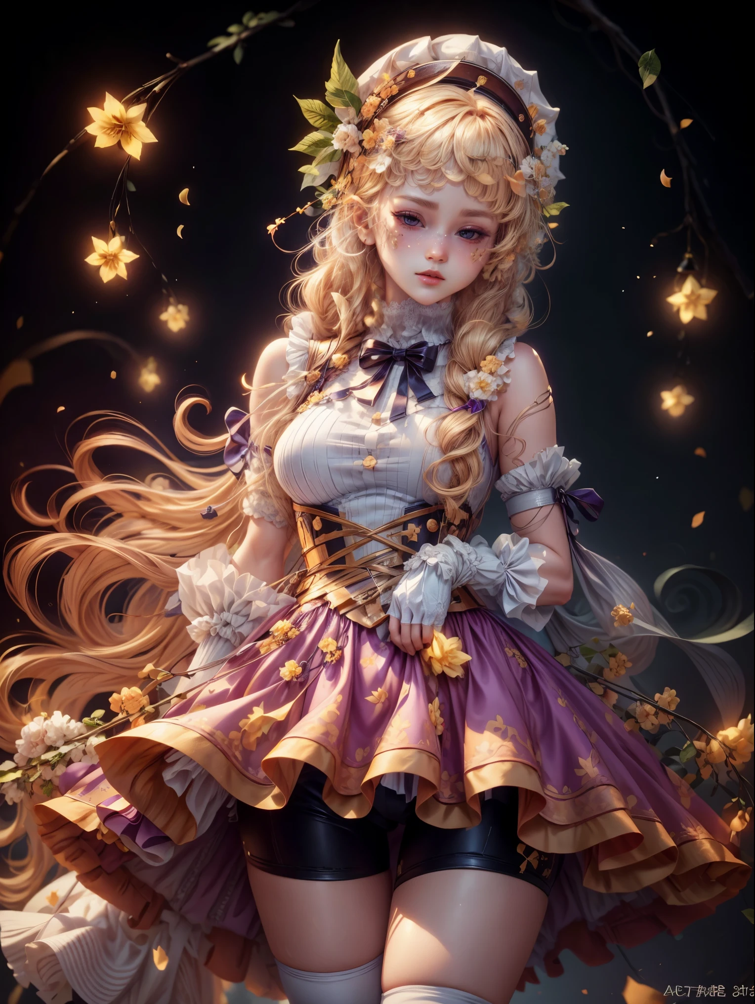 Z23,, ctextured skin, 8K, 美丽细致的眼睛, 电影灯光, beautiful detailed face, ultra - detailed, Masterpiece Theatre of the World, 电影灯光,, 1个Giant Breast Girl, Alone, Blonde hair, a purple eye, hair pin, white shirt, beret, of shoulders, mitts, Iron Cross, bike shorts, armlets, white mitts, cow boy shot,