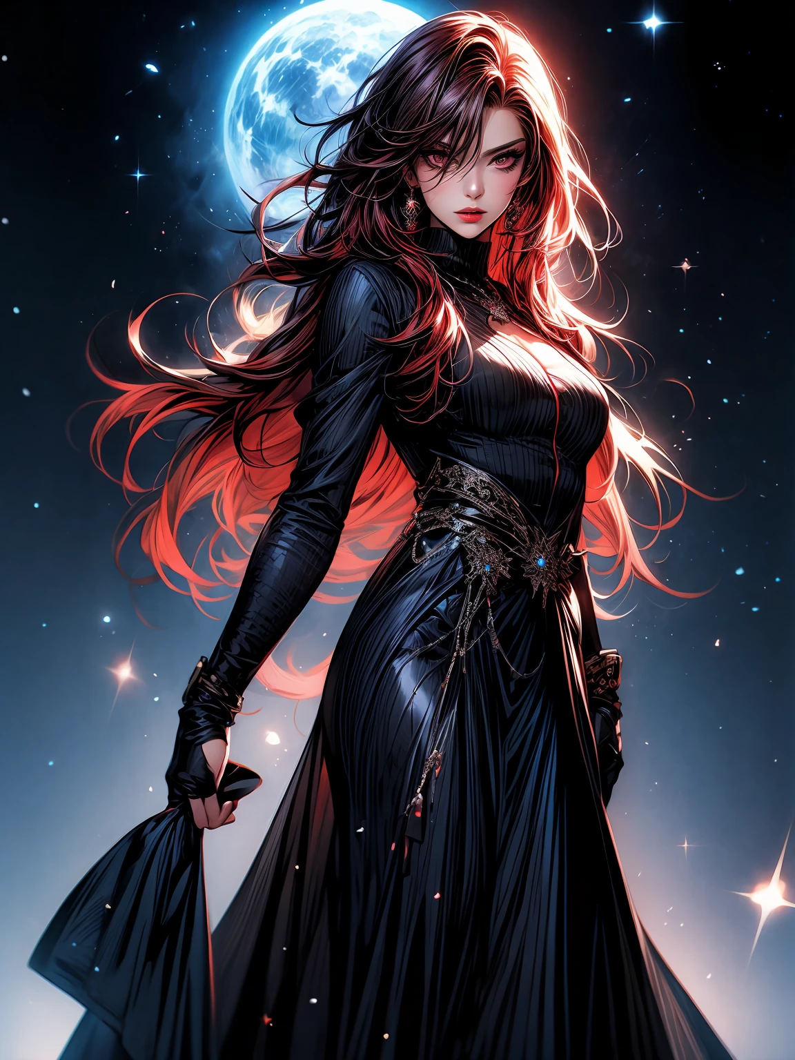 A woman that is 20, Red Stylish hair, Silver eyes, semi realistic, Starry sky and space robes, clear skin, loose brush strokes, moody, blending, atmospheric, sketchy lines, free style, contrast, rough and handrawn, fullbody,--ar 2:3 --niji 5
