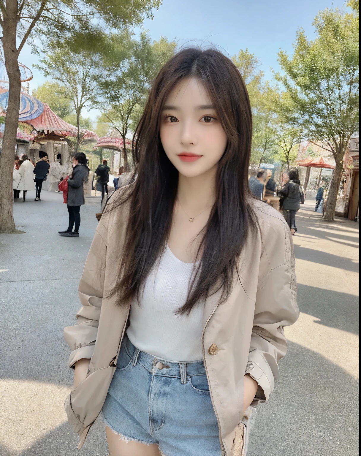 (((Best Quality, 8K, Masterpiece: 1.3,)), high-definition facial features, delicate facial feature, 1girl, Slim Abs Beauty: 1.3, ((long hair, natural hair)), ((((wearing outfit with a jacket)))), Fine Face, (((Delicate Eyes))), Double Eyelids, smiling, looking at the viewer, ((full body 1.5)), (((theme park))), ((((natural background)))), (standing), bare legs
