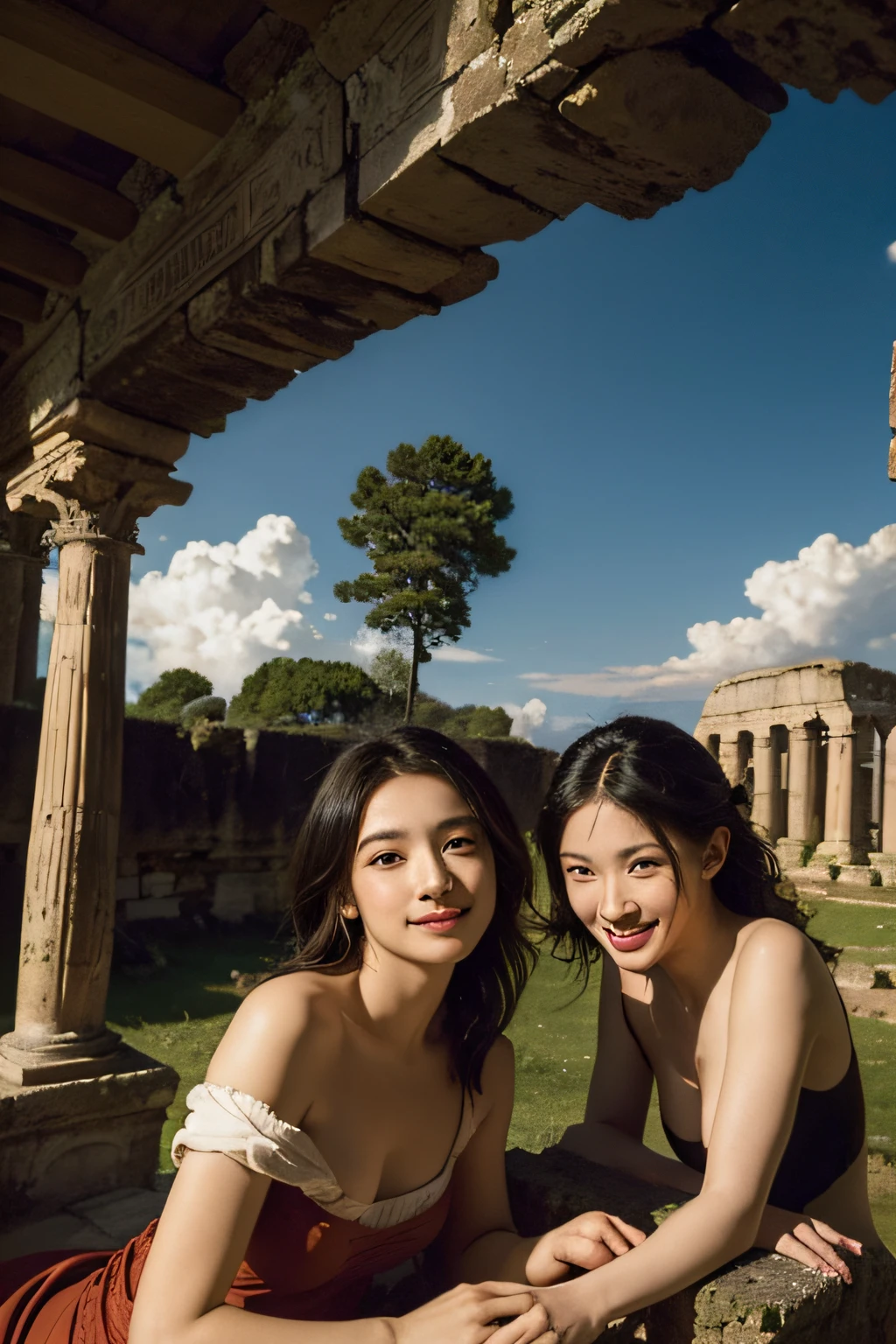 Ancient Roman ruins,Poussin-style landscape,A smile,,Sweet and seductive appearance.、Caravaggio's paintings、Chiaroscuro of Caravaggio、Hair disheveled in the wind,Two women frolicking,Cute smile, Expression of ecstasy,A sexy,erotick