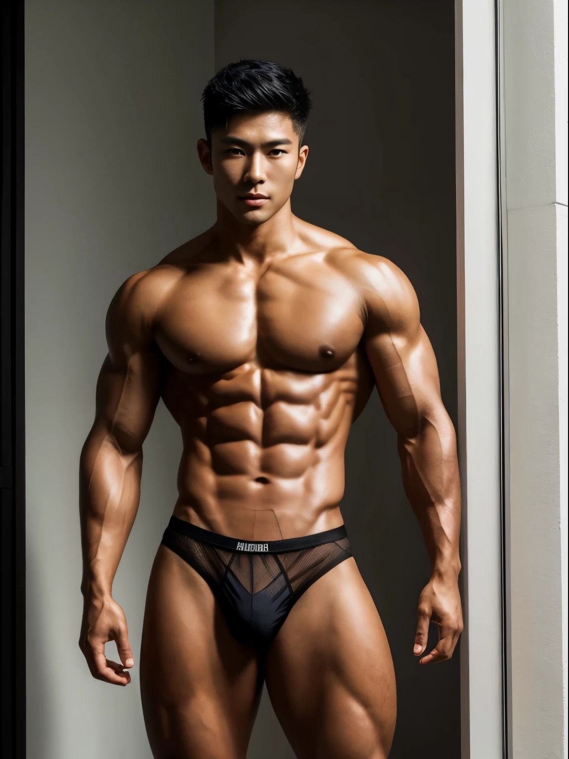 arafed man in a black mesh underwear posing for a picture, black micri thong underwear, asian male, model with attractive body, male model, sexy masculine, lean man with light tan skin, strong masculine features, underwear ad, wonbin lee, male body, asian man, south korean male, attractive body, masculine features, beautiful handsome body, attractive male, macho