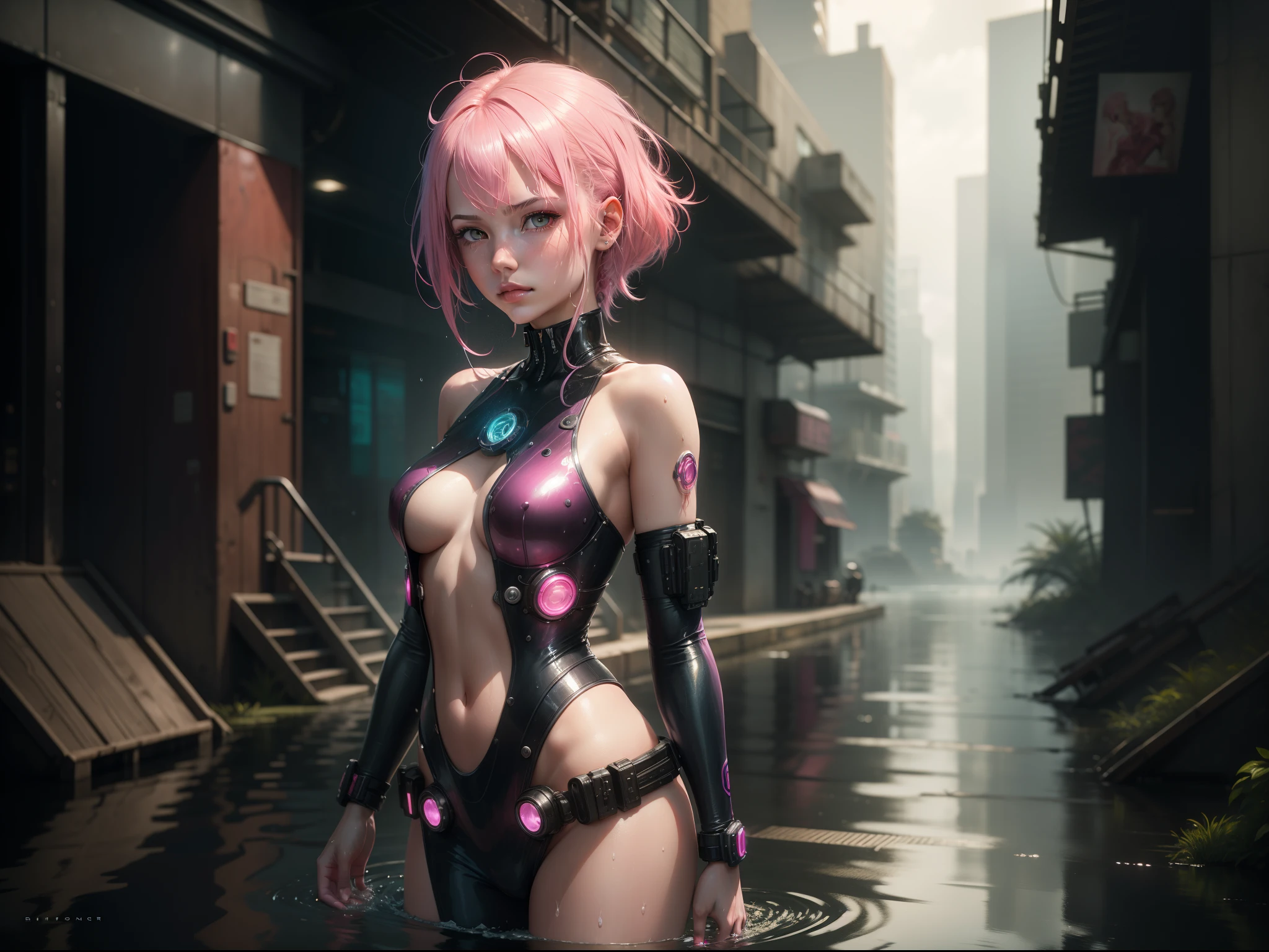 a young lady with pink hair standing in water, in the style of cyberpunk realism, gentle expressions, blink-and-you-miss-it detail, michael komarck, water drops, sana takeda, shiny/glossy