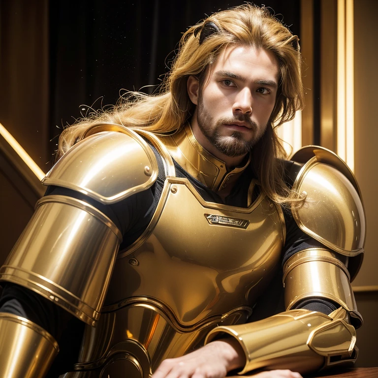 science fiction characters,Golden mecha suit,burly build,European looks,Staced 25-year-old handsome man with long blond hair,golden lion mecha elements,The breastplate is decorated with a lion's head