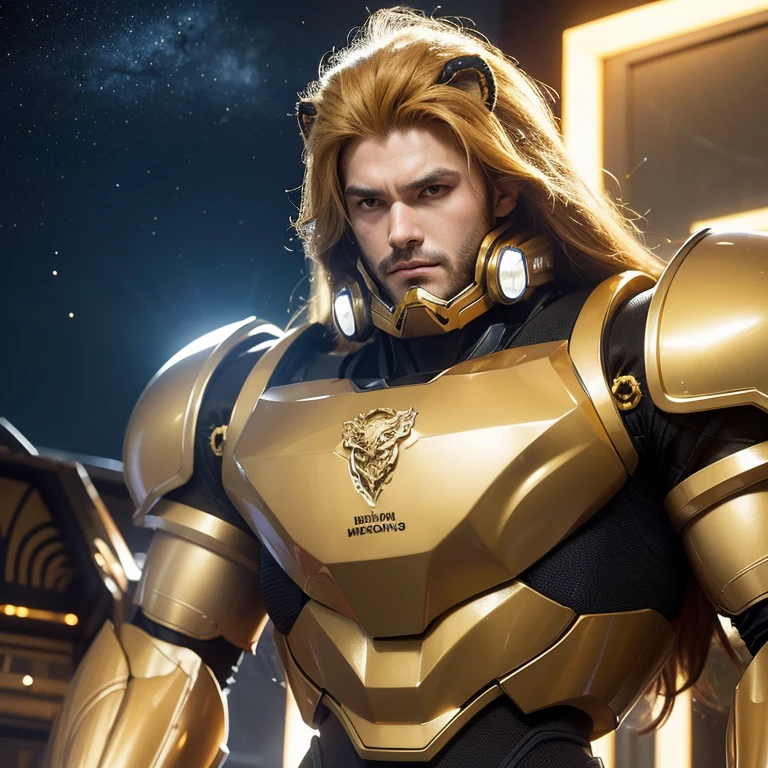 science fiction characters,Golden mecha suit,burly build,European looks,Staced 25-year-old handsome man with long blond hair,golden lion mecha elements,The breastplate is decorated with a lion's head