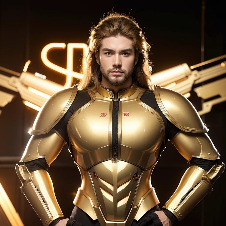 science fiction characters，Golden mecha suit，burly build，European looks，Staced 25-year-old handsome man with long blond hair，golden lion mecha elements，The breastplate is decorated with a lion&#39;s head