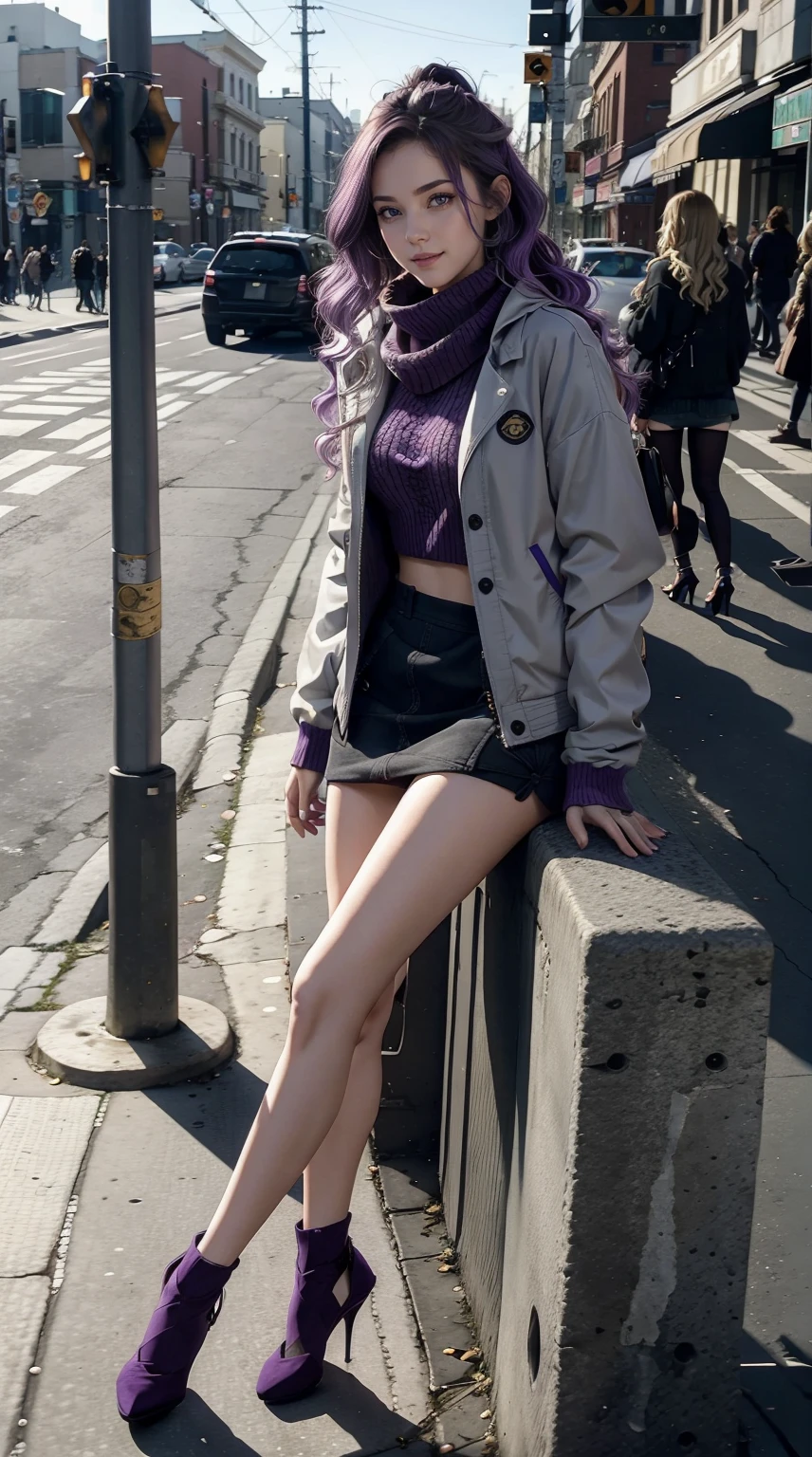 24-year-old Caucasian woman、Hair color is a gradation of brunette and purple、Hair is wavy、Eye color is blue、Longhaire、A slender、a smile、wearing a knit top、I'm wearing a miniskirt、Wearing a jacket、I'm wearing pin heels、Being on a street corner、Wearing a scarf around your neck、Sitting on a guardrail