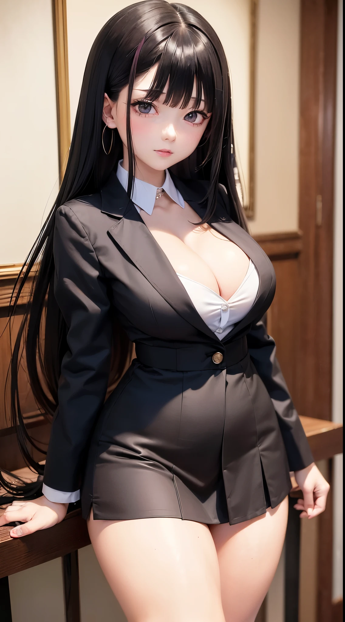 ((Best Quality)), ((masutepiece)), (Detailed), (highlight), Perfect face　Young girl with detailed face showing cleavage、Red eyes and long, thick, glossy, beautiful black hair with blunt bangs、Single-color background、standing with arms crossed、Wear student council president blazer and miniskirt school uniform