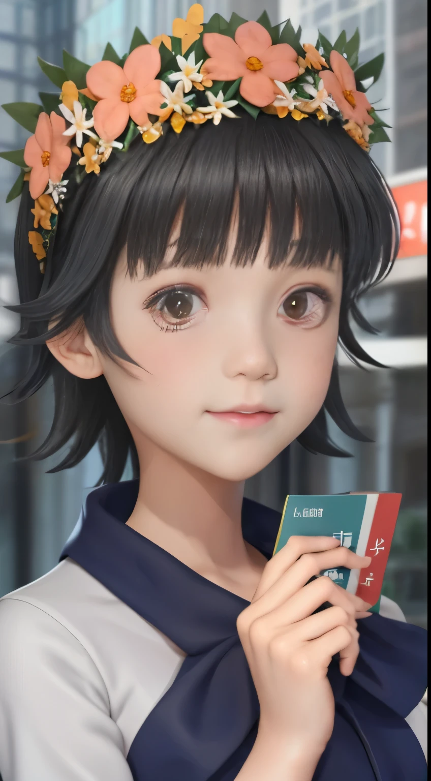 a close up of a person holding a book with flowers on it, anime visual of a cute girl, nagatoro, close up iwakura lain, iwakura lain, anime moe artstyle, anime best girl, rei hiroe, portrait of lain iwakura, young anime girl, anime visual of a young woman, close up of a young anime girl,Uiharu Kazari,有着with short black hair和淡褐色眼瞳的少女，Although her eyebrows are relatively thick, the flowers on her head are her most striking feature。Loli-shaped girls usually wear school uniforms in early spring，Wearing a red scarf matching the school uniform on her chest,with short black hair