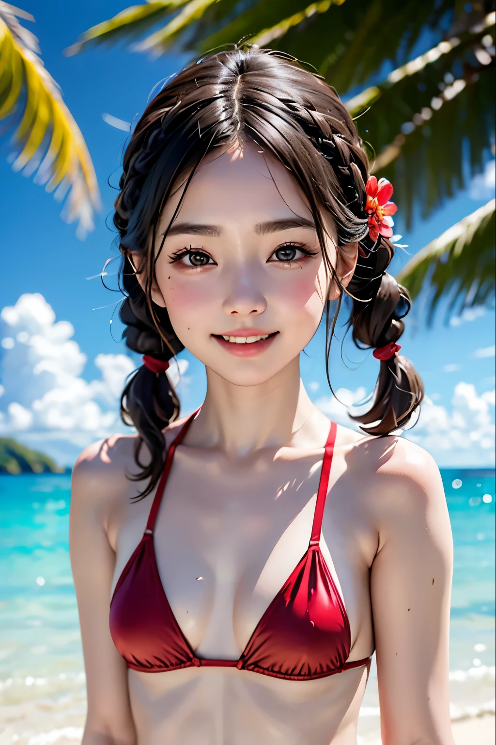 one girls、parfect anatomy、small tits、A dark-haired、Braided pigtails、Smiling、Realistic people、ultra-detailliert、Red bikini、Floral hair ornament、Blurred background、South Island、Palm trees、White sandy beach、Blue Sea、blue open sky、white clouds、cumulonimbus clouds