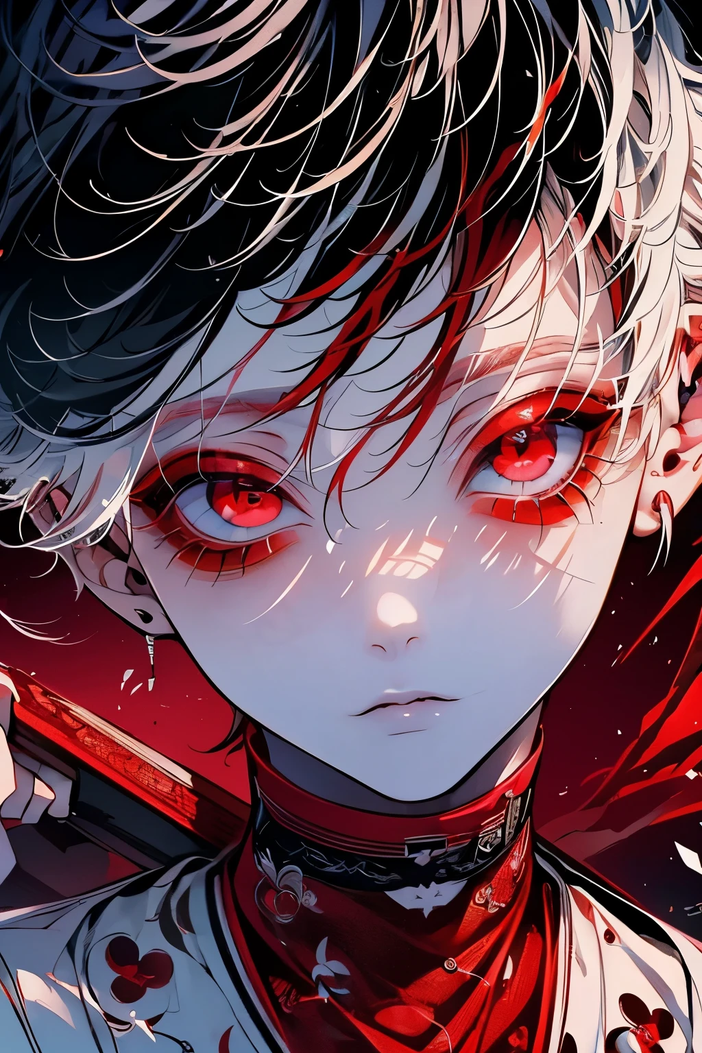 (masutepiece), (Best Quality), Highly detailed, 1 boy, Solo Focus, Perfect face, Beautiful face, extra detailed face,(white hair:1.3),(red eyes glowing:1.4),(White eyelashes:1.4)