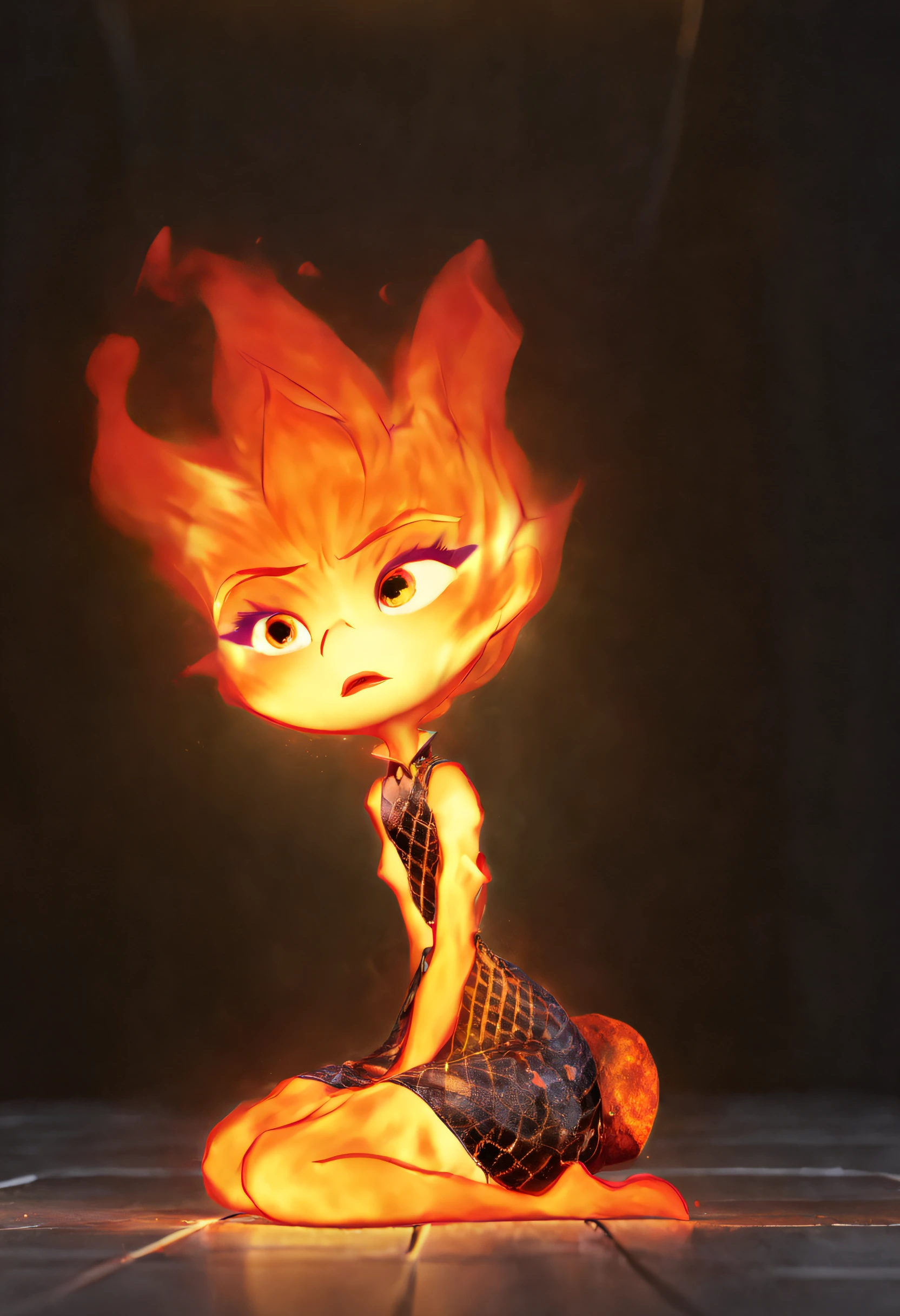 concept art ember updo, close up shot . ember sitting on floor, full body render, sad emotion on face, sad face, digital artwork by justin sweet, illustrative, painterly, matte painting, highly detailed, view from the bottom from the side, clear black background