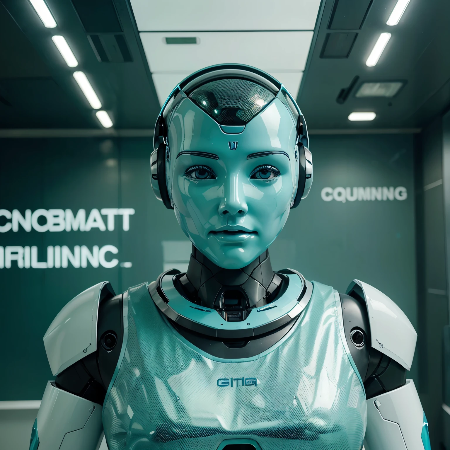 Create a realistic artificial intelligence robot in realistic aqua green and white colors with a futuristic background and written Profiting From ChatGPT underneath