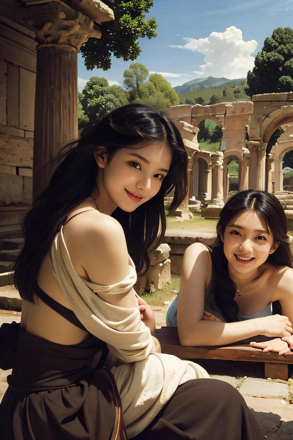 Ancient Roman landscape in the style of Poussin,A smile,,Sweet and seductive appearance.、Caravaggio's paintings、Chiaroscuro of Caravaggio、Hair disheveled in the wind,Two women frolicking,Cute smile, Expression of ecstasy,A sexy,erotick