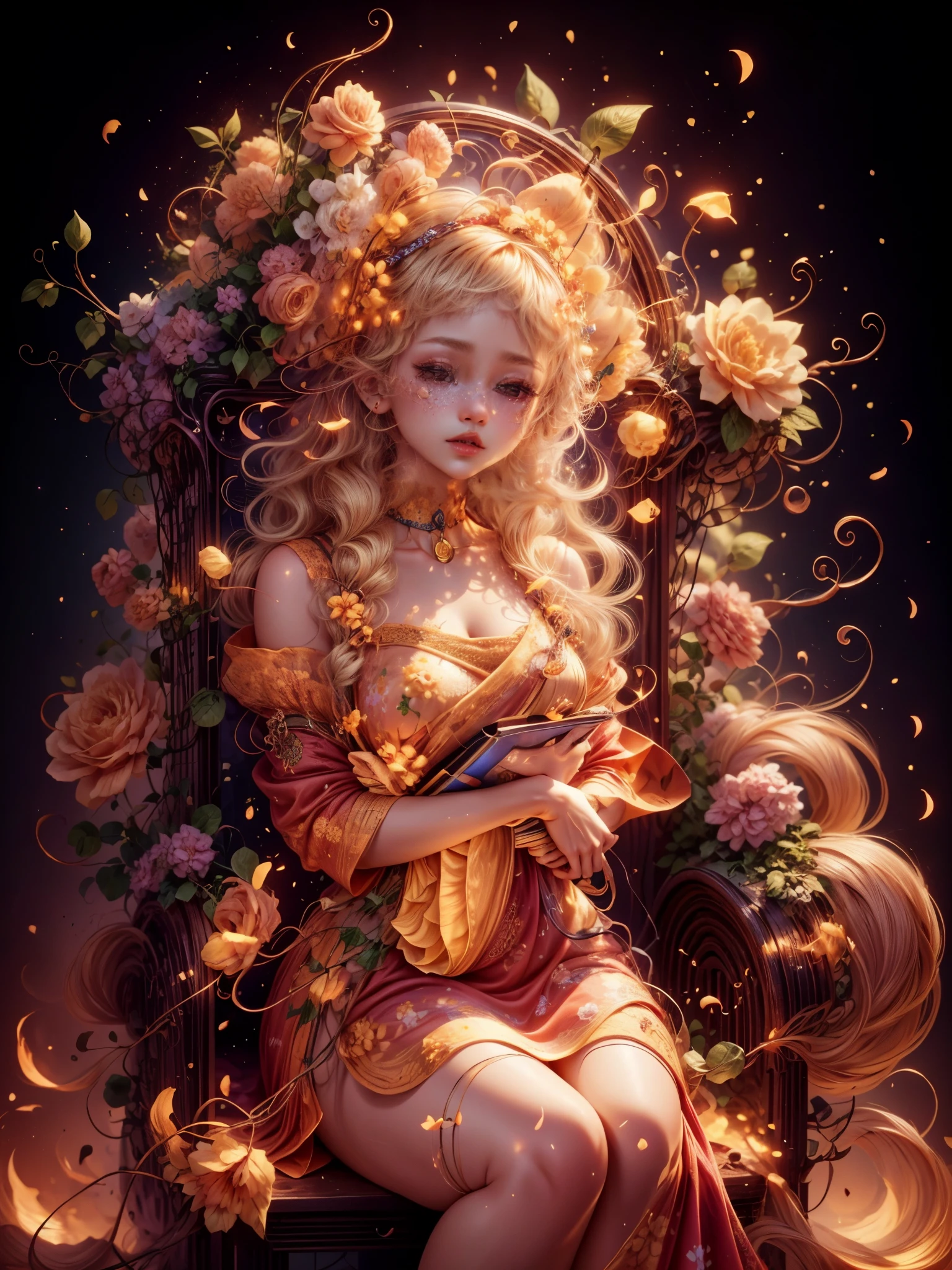 Best quality at best, tmasterpiece, A high resolution, 1个Giant Breast Girl,Chinese dress,hair adornments,choker necklace, jewely,pretty face,above_body, dingdall effect,realisticlying, dark studio, edge lit, two color lights,(highdetailskin:1.2), 8K uhd, SLR camera, gentlesoftlighting, high qulity, Volumetriclighting, Frankness, photore, A high resolution, 4K, 8K, bokeh, Blonde hair