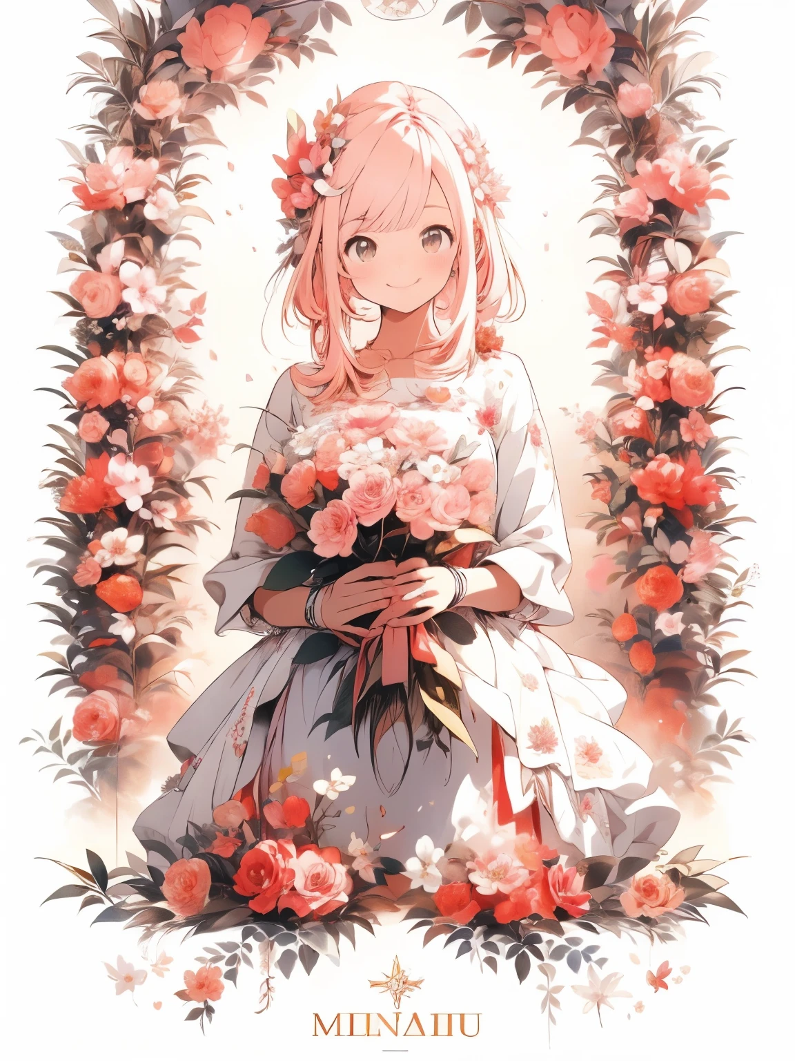 (finely best quality illustration:1.2), (Kawaii Girl:1.0), (1girl in, Solo:1.0), (Light pink hair:1.0), (Smile:1.1), (Holding a bouquet:1.0), (Upper body:1.0), (Flower Garden, Floral background:1.0), (Ultra-detailed, hight resolution:1.0),