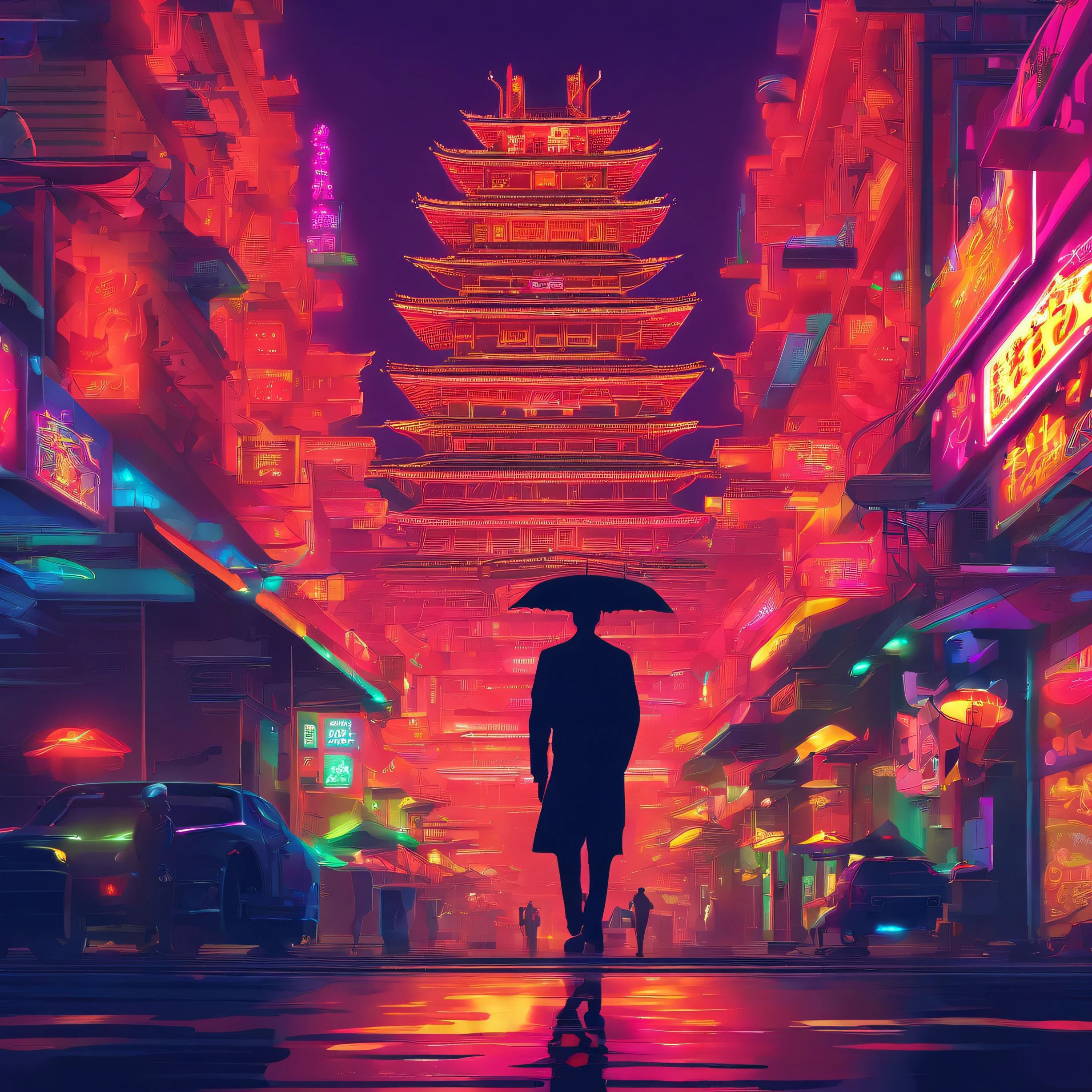 Best quality at best,tmasterpiece,超高分辨率,Chongqing City,yamashiro,chinesedragon,The sky is mostly cloudy,mechanoid,man holding umbrella