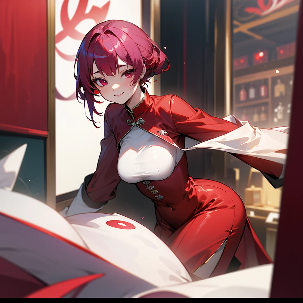 Baozhong Marine、Virtual YouTuber、hololive、RED dress、femele、1人、magenta hair color、Scarlet eyes、Black eye patch on left eye、red after dress、voluptuous breasts、Perfect style、Smile to turn around、Sparkling background of shop window、natta