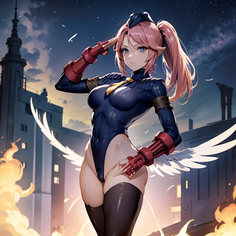 ultra-detailed, Explicit, Beautiful body, Beautiful Nose, Beautiful character design, perfect eyes, perfect face, ultra highres, 4K, beautiful legs, perfect legs, Nice hands, Perfect hand, Masterpiece, Best Quality, Highly detailed, illustration, absurdres, street fighter, doll suit, shadaloo doll, dollsuit, girls, multiple girls, expressionless, blank eyes, looking at viewer, red gloves, emotionless, black latex, corrution, mind control, female combatant, full body, hypnotized, unhappy trance, full body suit, ribbed bodysuit, both arms at side, obey, perfect female body, extremely glossy latex, hypnosis, hypnoLora, empty eyes, Mind control device, poses, submissive_pose, Slave, hat, necktie, stand up straight, standing, standing at attention, hat, necktie, belt, latex, ribbed bodysuit, brown hair, thighhighs, garter belt, Fighting Stance, extending the right arm from the shoulder into the air with a straightened hand, nazi saluting, military, military saluting, salute, jibril, angel, angel wings, animal ears, bird ears, compass rose halo, feathered wings, feathers, gradient hair, halo, long hair, low wings, multicolored hair, navel, pink hair, symbol-shaped pupils, tattoo, white wings, wing ears, wings