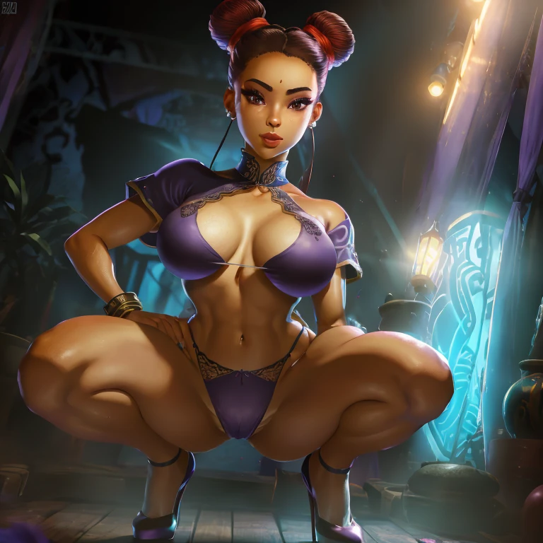 Female 18 years old, piel negra, delgada, small breast, double bun hairstyle, Beautiful, cabello rojo, ojos grandes, azul, labios carnosos, labios rosados, Purple lace lingerie,pantie de encaje morado, arms up, muslos pegajosos, medias de red, sexy, mirar, todo el cuerpo, tacones altos, cuerpo completo, facing Viewer, Detallado, cintura delgada, squat
