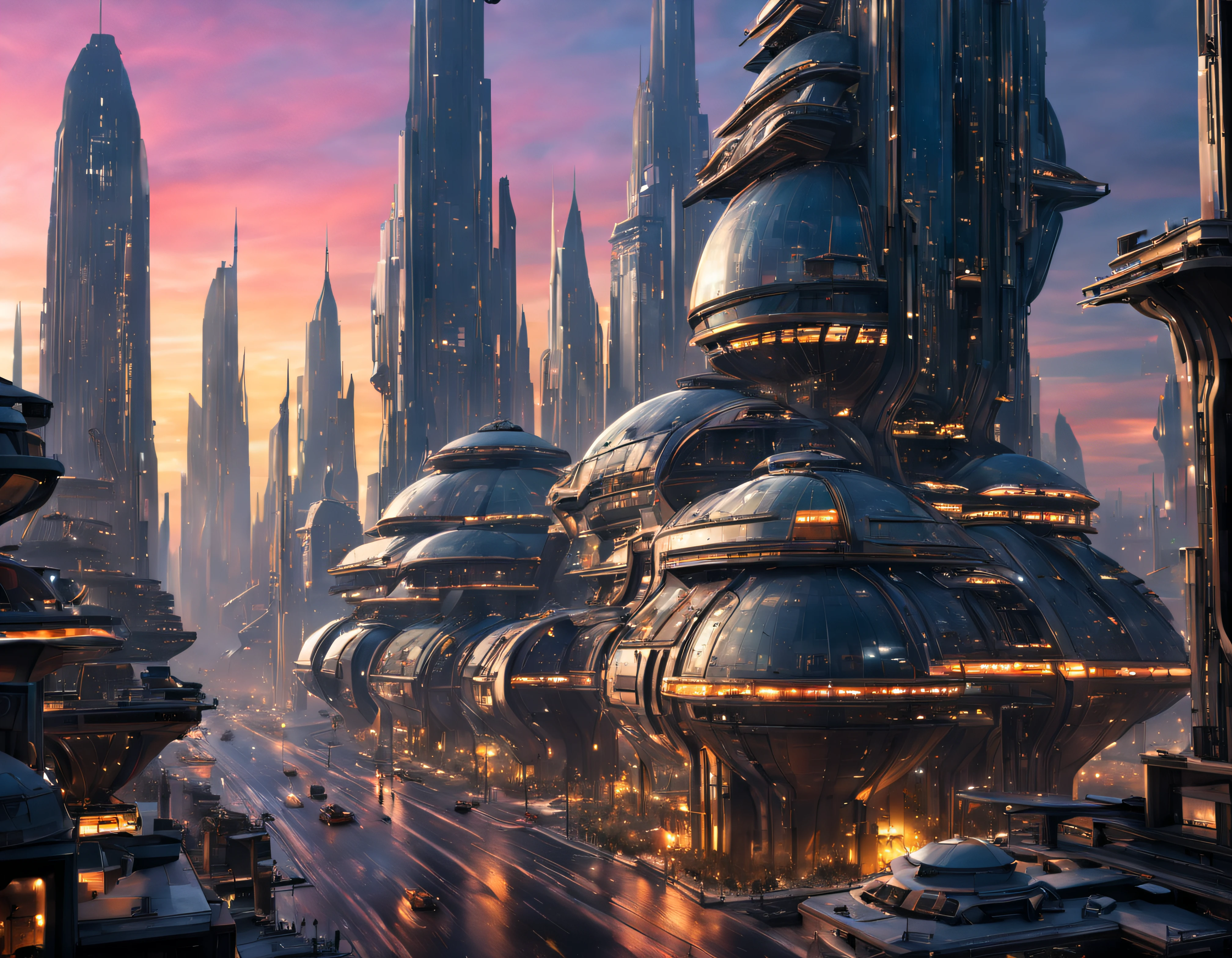 (The city of Coruscant from Star Wars as designed by Doug Chiang), futuristic fantasy city with immense buildings of technological design (que forman una avenida infinita), edificios compactor no difuminados con aspecto metalico, luces en ventanas en edificios, iluminacion diurna con sol, con estructuras acristaladas espectaculares, (con colores vivos). pavimento ensolado (sin brillo). gente paseando. imagen bien definida con muchos edificios juntos. imagen nitida bien definida 8k. los edificios llegan alta el fondo.,8k. imagen cinematografica