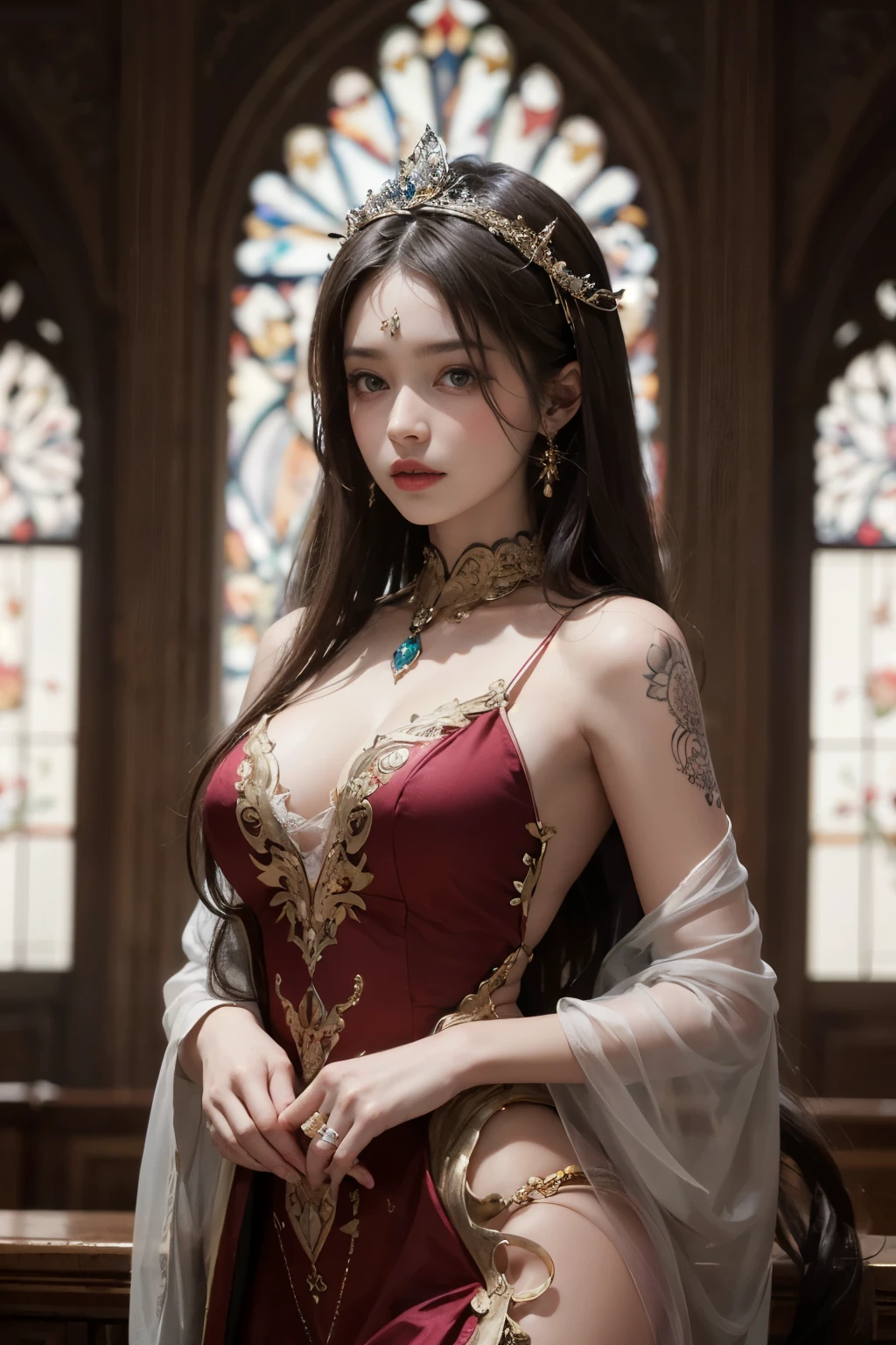 ((best quality)), ((masterpiece)), (detailed), perfect face,
The image showcases a figure with an ethereal and regal aura. The character is depicted with tattooed skin and long, flowing hair in a similar hue, emphasizing a fantastical theme. The individual wears an intricate, translucent outfit adorned with elaborate designs that mimic the patterns of delicate lace, contributing to the otherworldly appearance. A majestic headdress rests atop the head, detailed with filigree and a central, eye-catching gem, which along with the outfit, suggests a high status, possibly of royalty or nobility within the context of their realm. The backdrop features an ornate, gothic-style arch, adding to the image's mystique. The character's expression is solemn and piercing, with eyes that seem to hold a depth of knowledge or power.