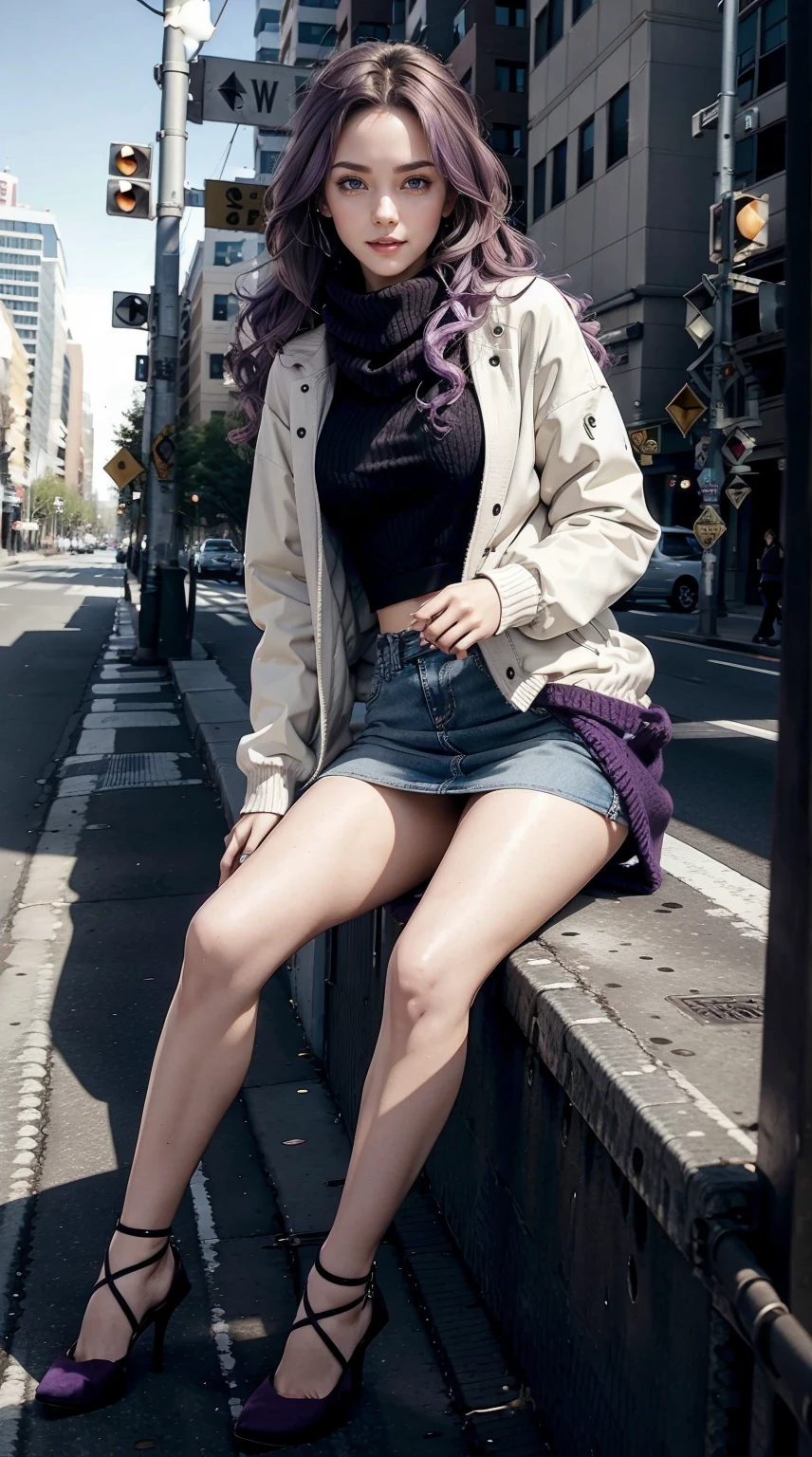 24-year-old Caucasian woman、Hair color is a gradation of brunette and purple、Hair is wavy、Eye color is blue、Longhaire、A slender、a smile、wearing a knit top、I'm wearing a miniskirt、Wearing a jacket、I'm wearing pin heels、Being on a street corner、Wearing a scarf around your neck、Sitting on a guardrail