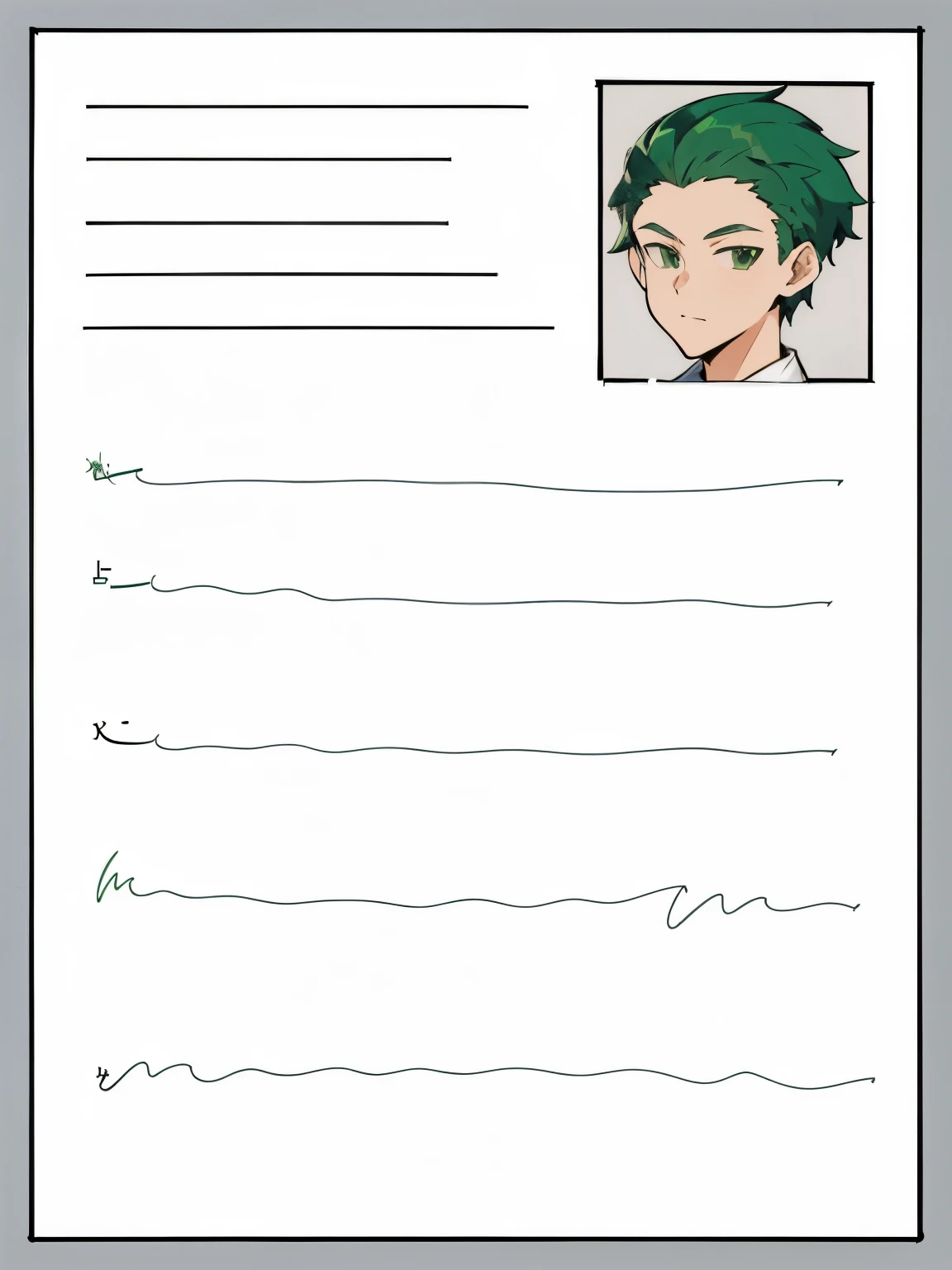 a drawing of a man with green hair and a green wig, character sheet, highly detailed character sheet, female character sheet, concept character sheet, anime character reference sheet, clean anime outlines, concept art character sheet, character reference sheet, comic card style, anime style character, template sheet, official character illustration, character profile art, reference sheet white background, character design sheet