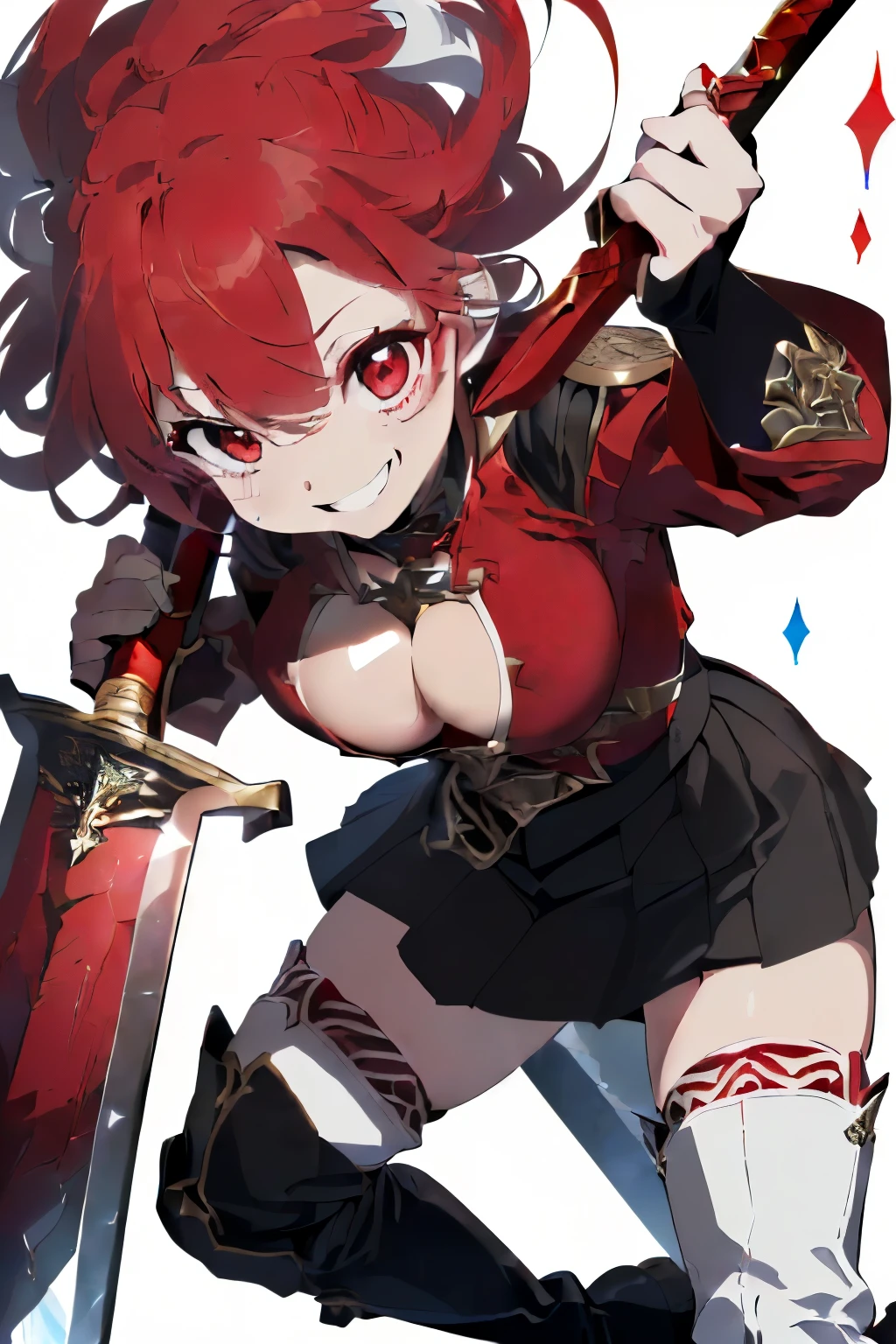 (red hairs:1.5),(wavy short hair),(Eye size:1.7),(Inside your eyes are sparkling like stars),(Red eyes:1.35),(赤いシャツにRPGゲームのようなbreastplatesの防具:1.35),(There is a single red line at the hem of the black skirt.:1.5),(A large sword with a luxuriously decorated red handle:1.5),(breastplates:1.4),(A pop worldview with red as the main color:1.7),(White loose long boots:1.5),Slight red tide,(Happy smile:1.35),(active movement:1.3),(Cool pose like a swordsman:1.5),(close up of face:1.5),