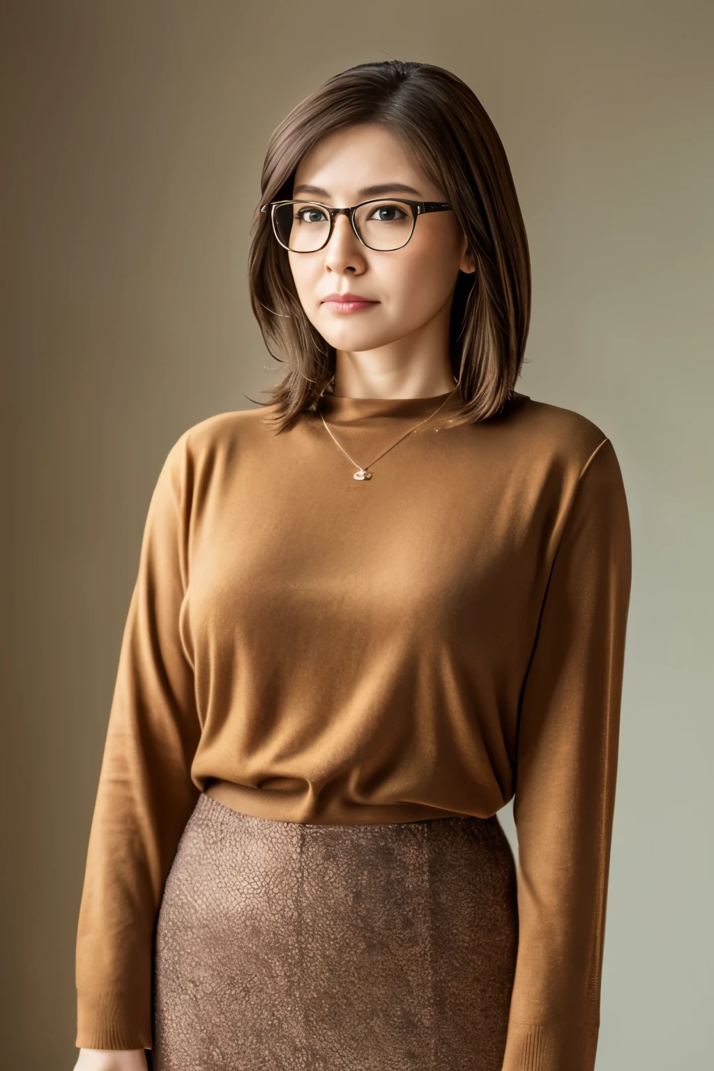 A woman wearing glasses and a brown top poses for a portrait - SeaArt AI