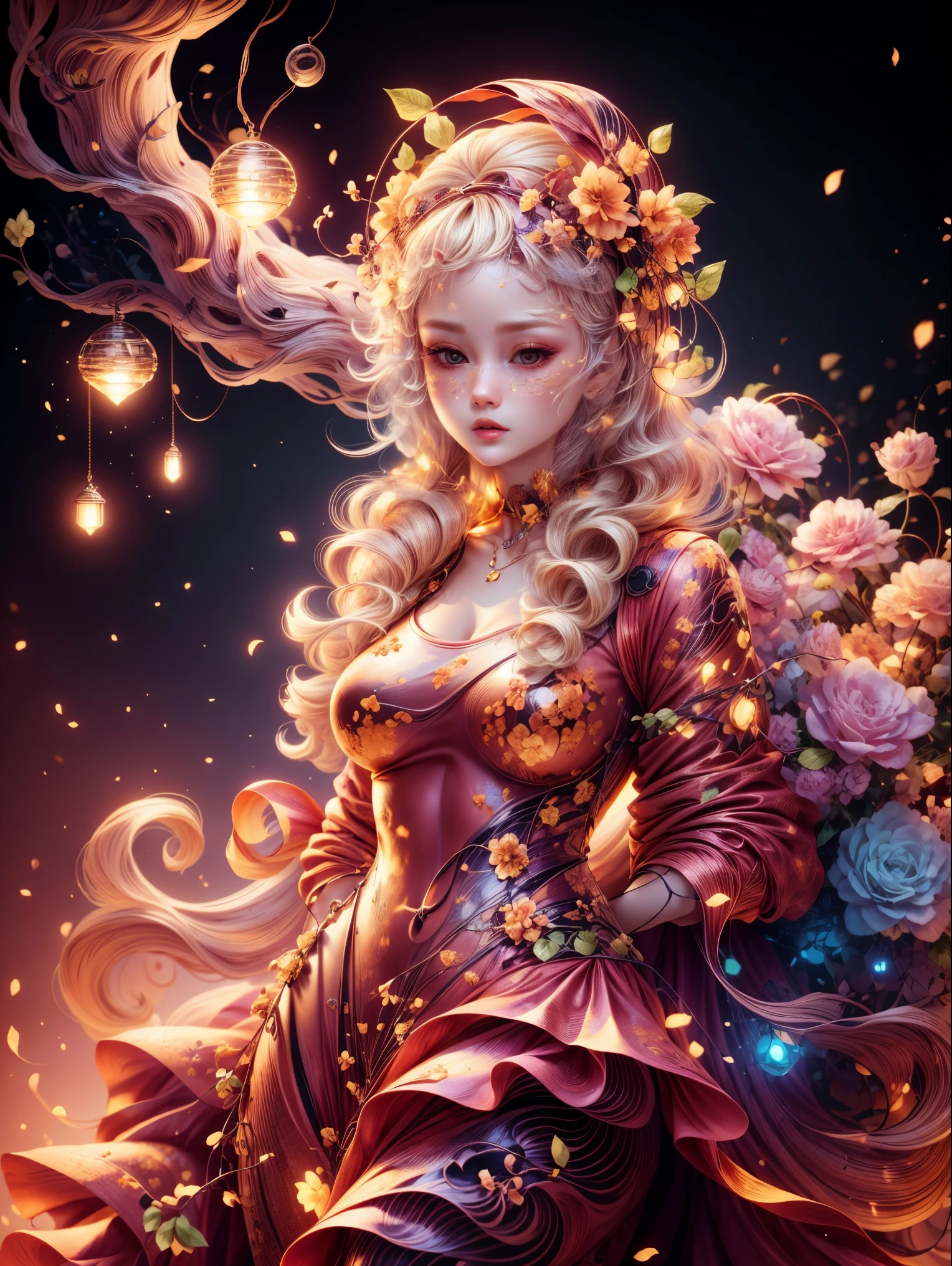 Best quality at best, tmasterpiece, A high resolution, 1个Giant Breast Girl,Chinese dress,hair adornments,choker necklace, jewely,pretty face,above_body, dingdall effect,realisticlying, dark studio, edge lit, two color lights,(highdetailskin:1.2), 8K uhd, SLR camera, gentlesoftlighting, high qulity, Volumetriclighting, Frankness, photore, A high resolution, 4K, 8K, bokeh, Blonde hair,