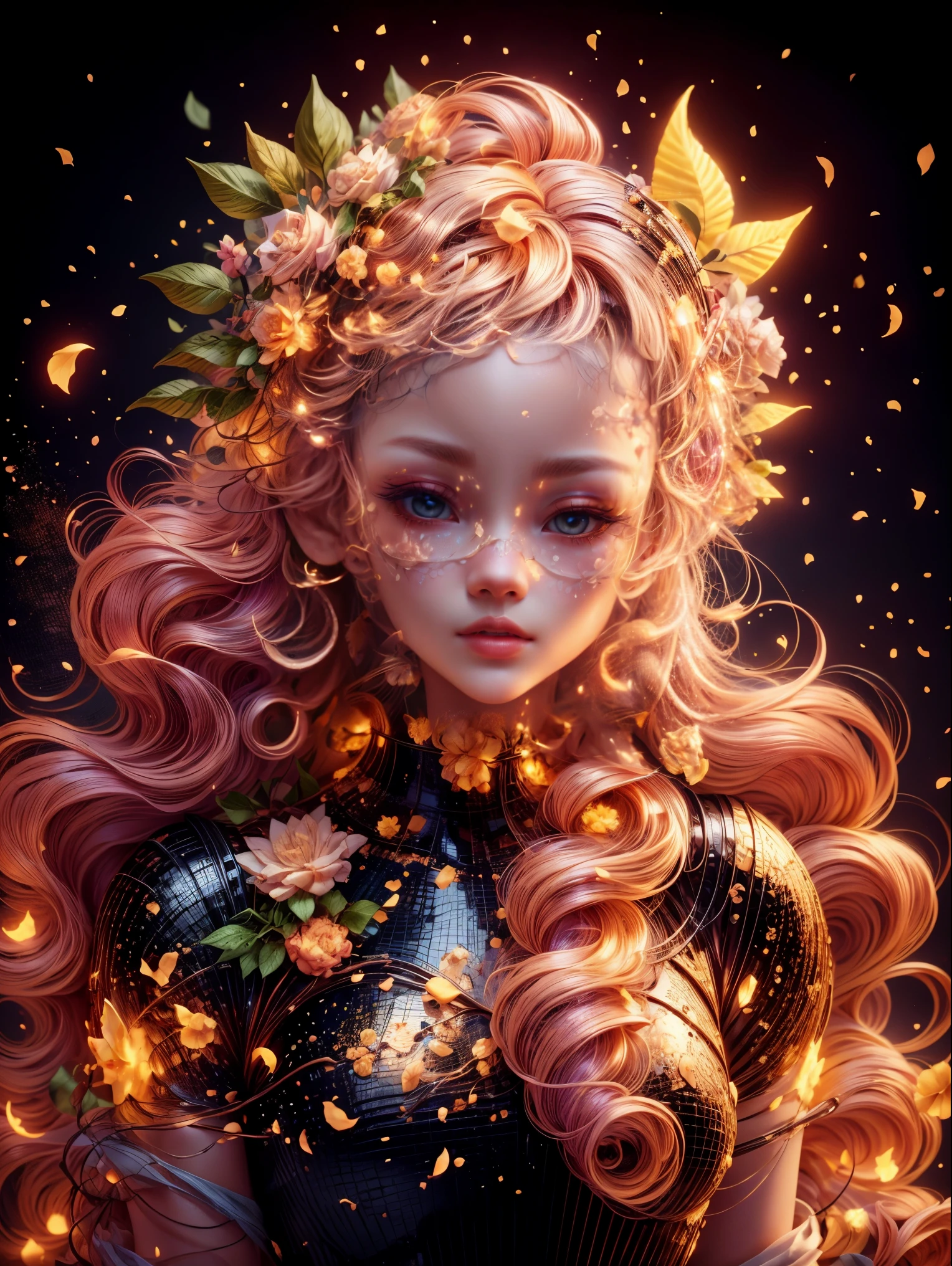 Best quality at best, tmasterpiece, A high resolution, 1个Giant Breast Girl,Chinese dress,hair adornments,choker necklace, jewely,pretty  face,above_body, dingdall effect,realisticlying, dark studio, edge lit, two color lights,(highdetailskin:1.2), 8K uhd, SLR camera, gentlesoftlighting, high qulity, Volumetriclighting, Frankness, photore, A high resolution, 4K, 8K, bokeh, Blonde hair,
