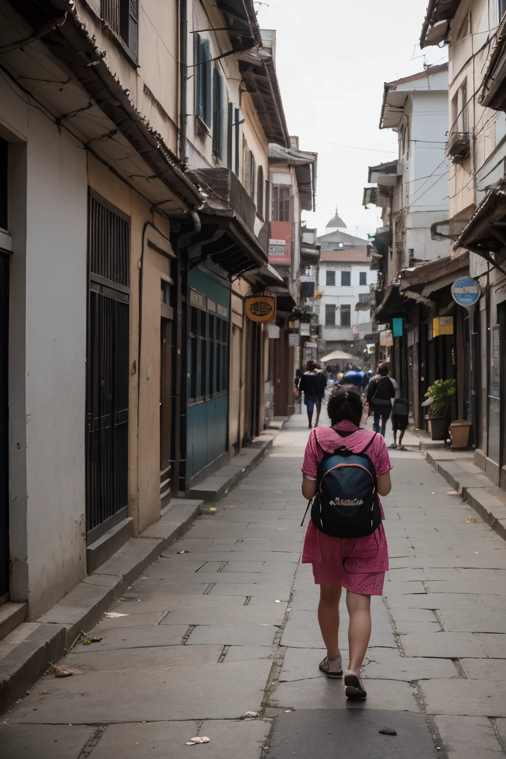 Barney the dinosaur, cute baby crocodile, cute baby monkey, cute baby rabbit, all walking by Kathmandu streets with trekking backpacks