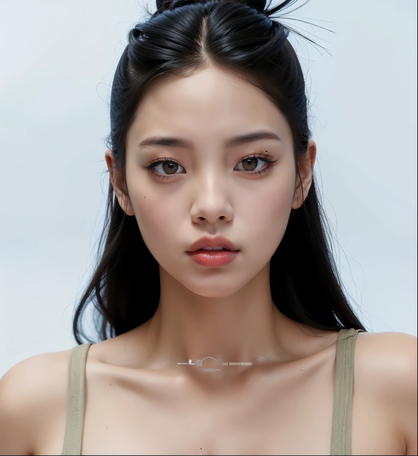 (1girl:1.3), solo, __body-parts__, Kim Ji-ni Jennie face, misanthropic face, cold eyes, bare shoulders, high-end, blurred solid dark gray background, 8k resolution image, intricate symmetrical details.