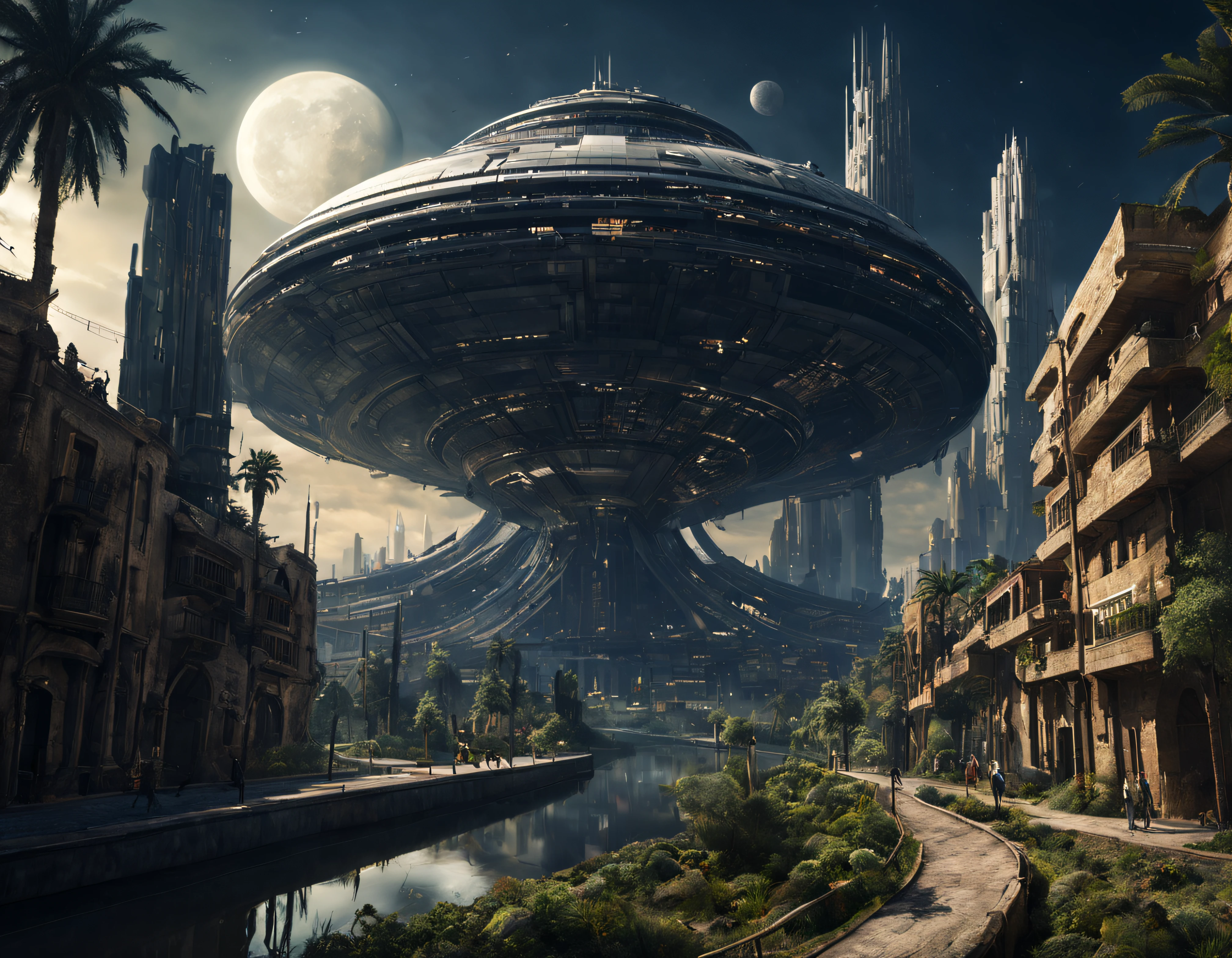 tripulantes de una nave intergalactica minera se posiciona en un planeta, con un nucleo urbano muy antiguo, pero con un pasado claramente tecnologico, con inmensos edificios en un pesimo estado de conservacion y completamente deshabitada. dos tripulantes inspeccionan la ciudad en un ambiente lugubre y iluminado por luz lunar, todo esto en un entorno de ciencia ficcion de primer nivel, ,todo lleno de imaginacion,ciencia ficcion y (intrincados detalles de la maquina).imagen fotorrealista,nitidez maxima, calidad 8k.(obra maestra de calidad superior).(renderizado 3d). obra maestra de superior calidad.