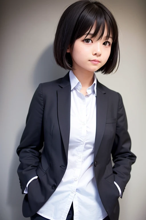 summer blazer、realistic schoolgirl、Hands in pockets、Short black hair、‎Classroom、soio、hight resolution、hightquality